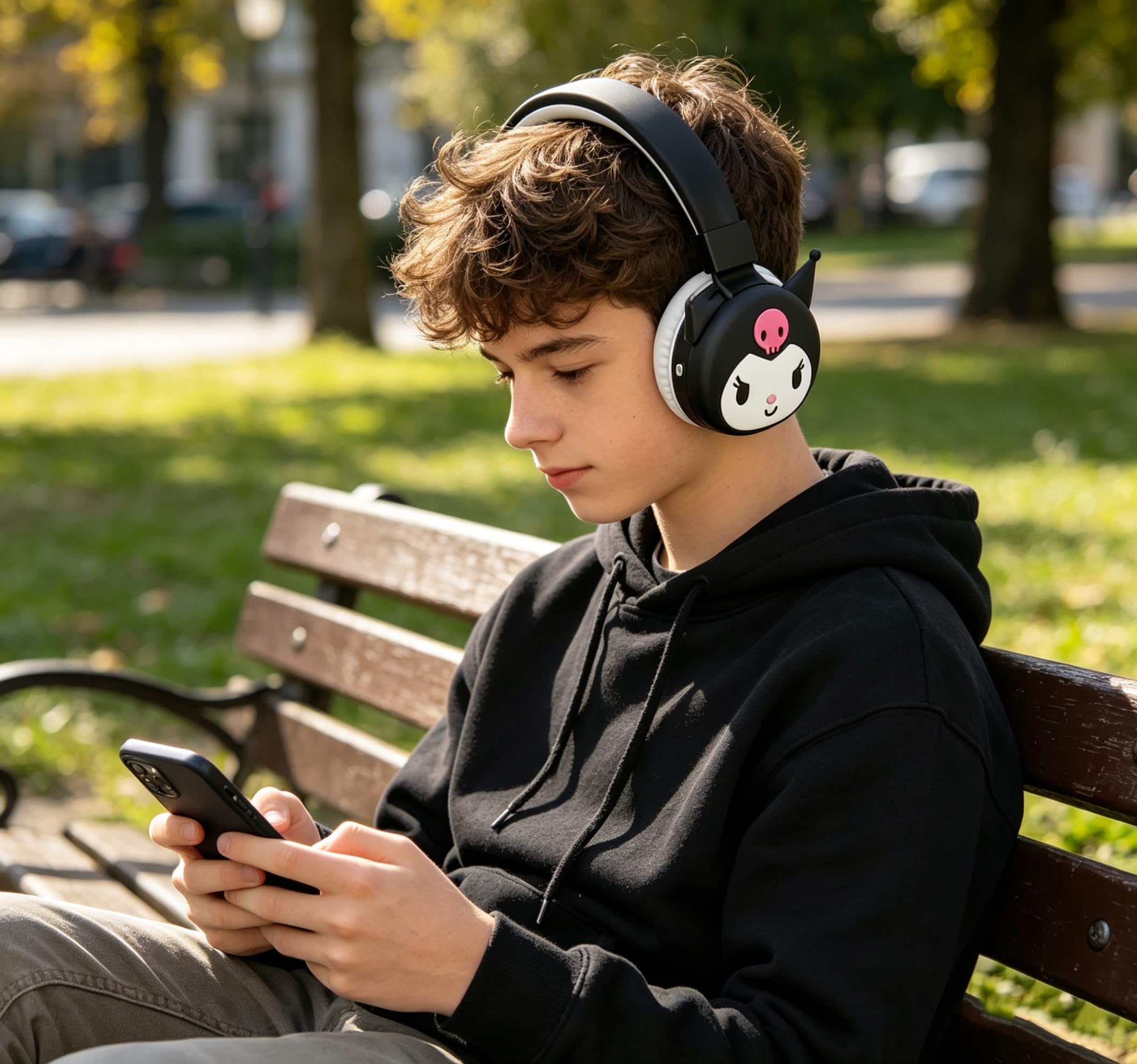Roffatide Cuffie Bluetooth pieghevoli leggere cartoon per viaggio/ufficio/cellulare/PC tramite app, bassi profondi, padiglioni auricolari comodi, per casa, ufficio, viaggi, nero