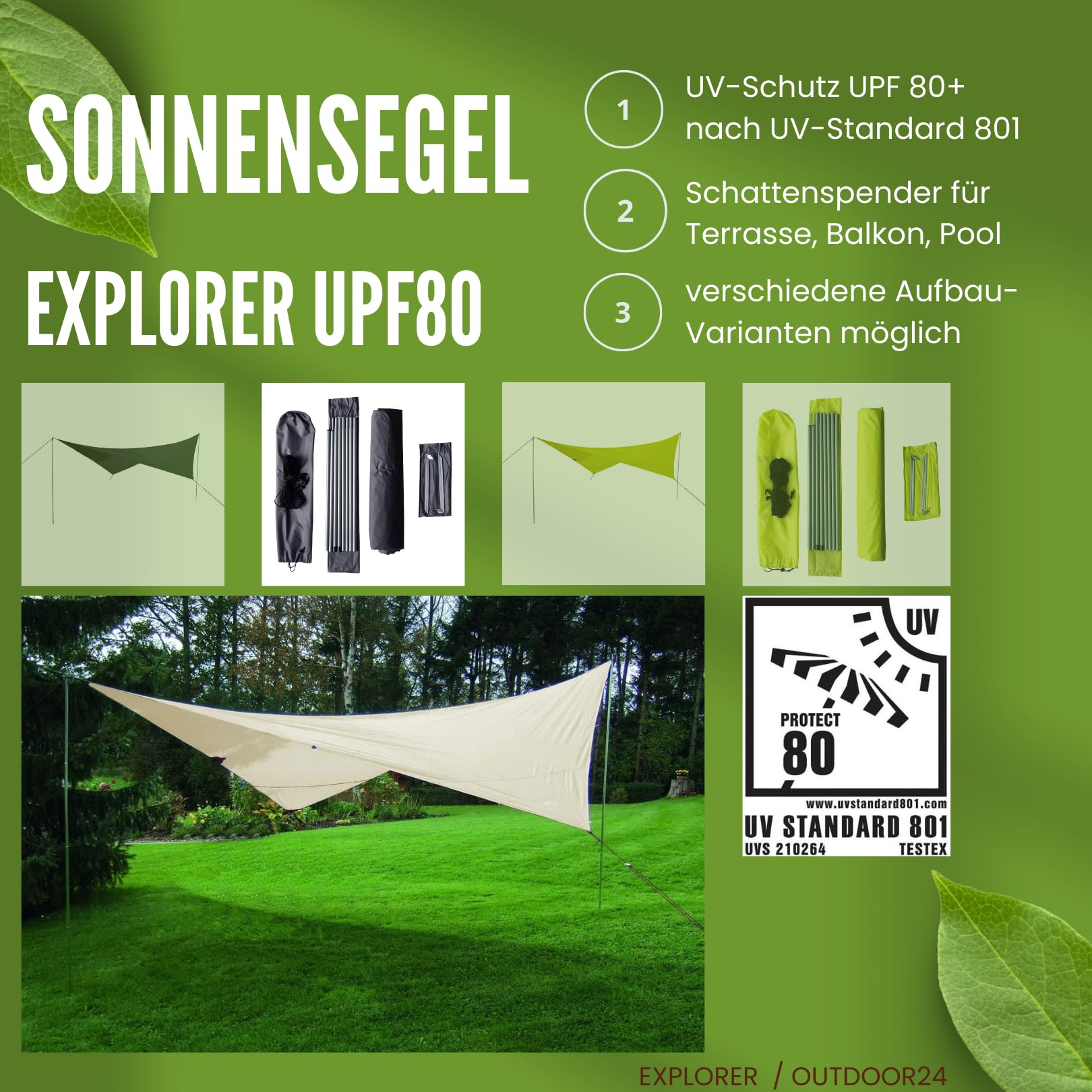 EXPLORER® Sonnensegel 3x4m rechteckig wasserabweisend mit Stangen, Leinen und Heringen Sonnenschutz UPF80+ UV Schutz nach Standard 801 in beige für Balkon Garten Terrasse