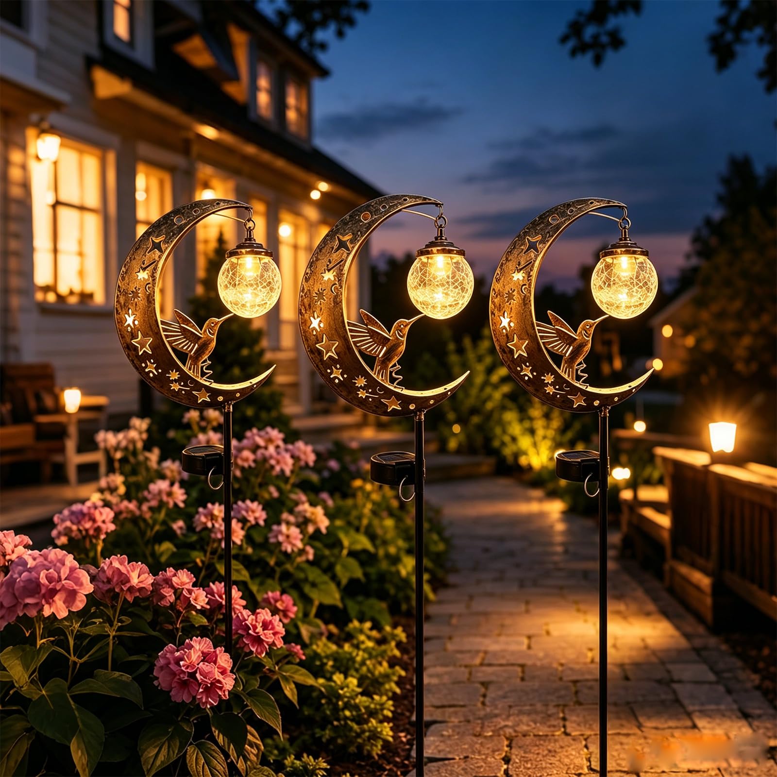 Solarlampen für Außen, Gartendeko für Draußen, Wetterfest Mond Solar Lichter mit Kolibri und Glaskugel, Schäferhaken für Braußen Gehwege Hof Terrasse Garten deko (3 Stück)