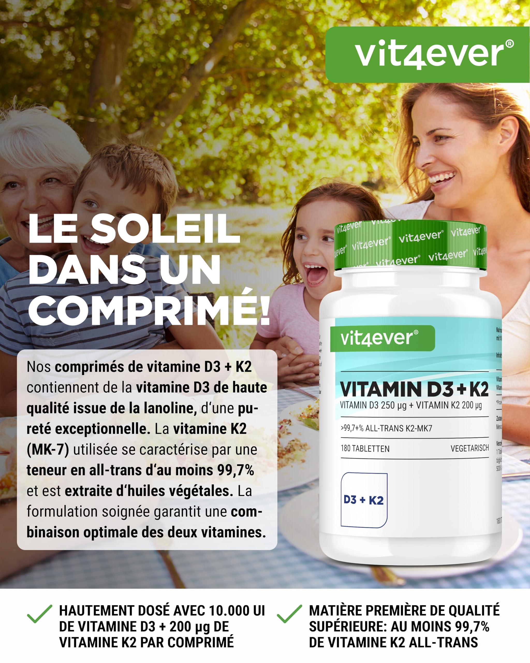 Vitamine D3 + K2 MK-7-180 Comprimés -10.000 U.I. (250µg) Vitamine D3 & 200µg K2 par Comprimé - Matière Première Premium: 99,7+% All-Trans - Haute Pureté - Forte Dose - Végétarien