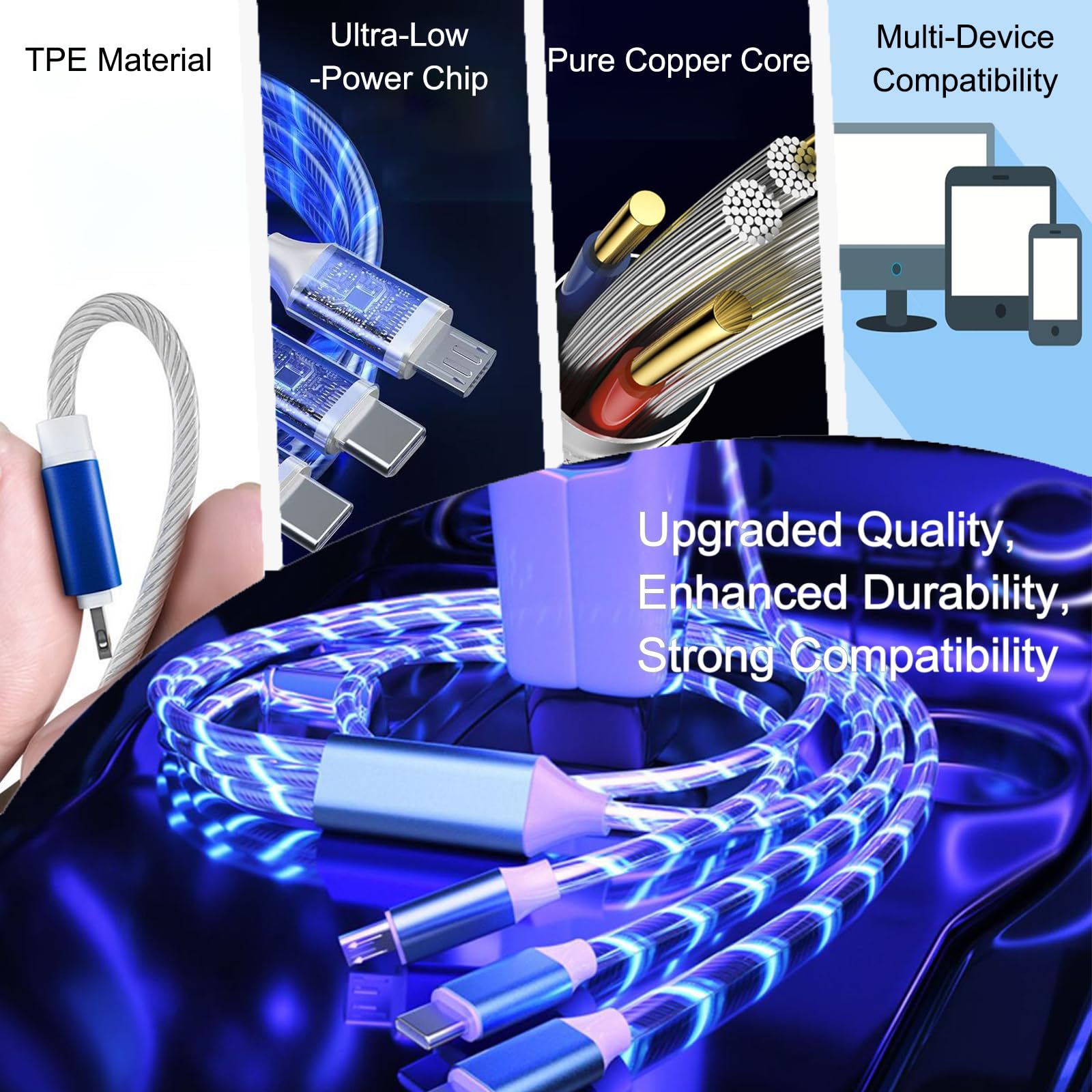 Câble de charge rapide à 3 ports USB A vers micro USB/type C PD - Courant LED - Compatible avec la plupart des appareils - 99 cm - Bleu
