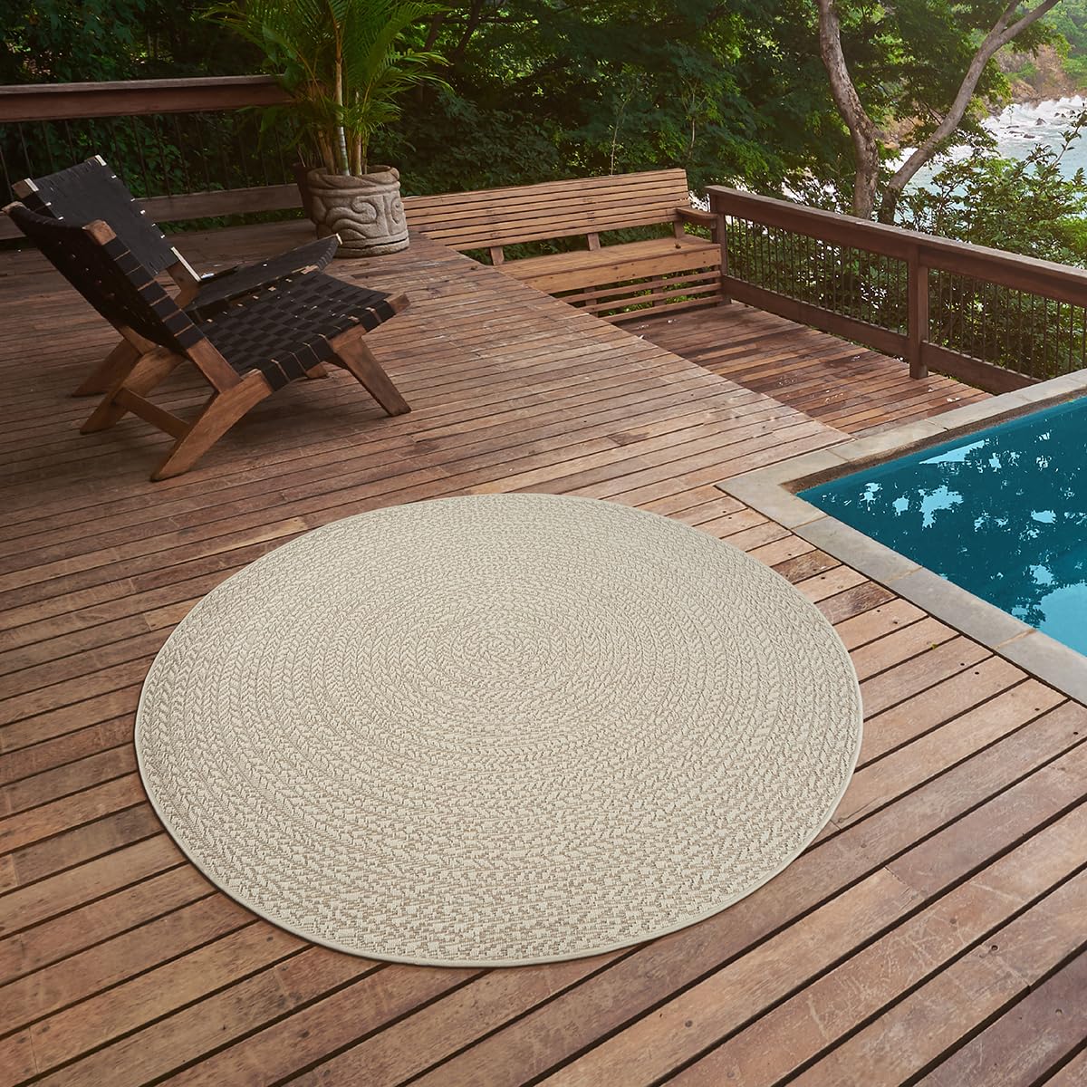 the carpet Kansas - Alfombra para Exterior e Interior con Aspecto de Yute Natural, Resistente a la Intemperie, Apta para Patio y jardín, Crema, 80 cm Redondo