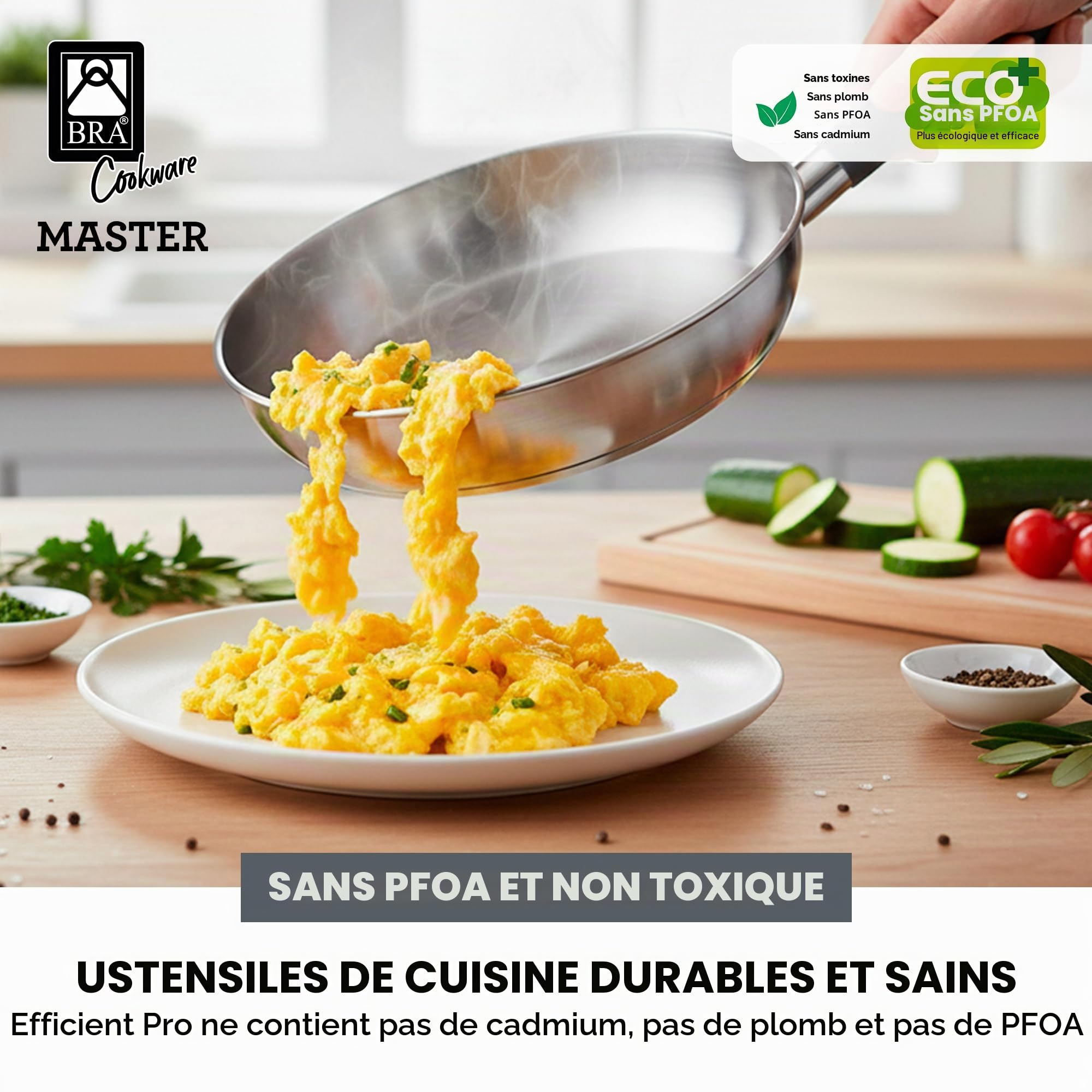 BRA Master Lot De Poêles 20-24-28 Cm, Acier Inoxydable, Sans Revêtement Antiadhésif, Sans Pfoa, Full Induction, Compatible Tous Feux, Manche En Acier Inoxydable Recouvert De Silicone