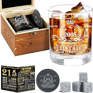 YeohJoy 21st Birthday Gifts for Him,Vintage 2005 Whiskey Glass Set,Wood Box &2005 Poster Anniversary