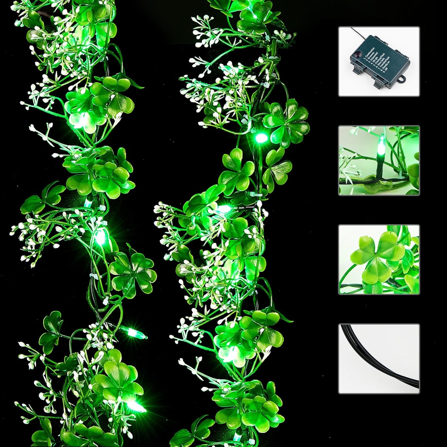 BlcTec 2Pack 9.85 Ft St Patrick's Day Garland with 50 LED Green Lights, Battery Operated Irish Garland String Lights with 8 Lighting Modes & Waterproof for Home, Porch, Front Door, Table, Mantle Décor