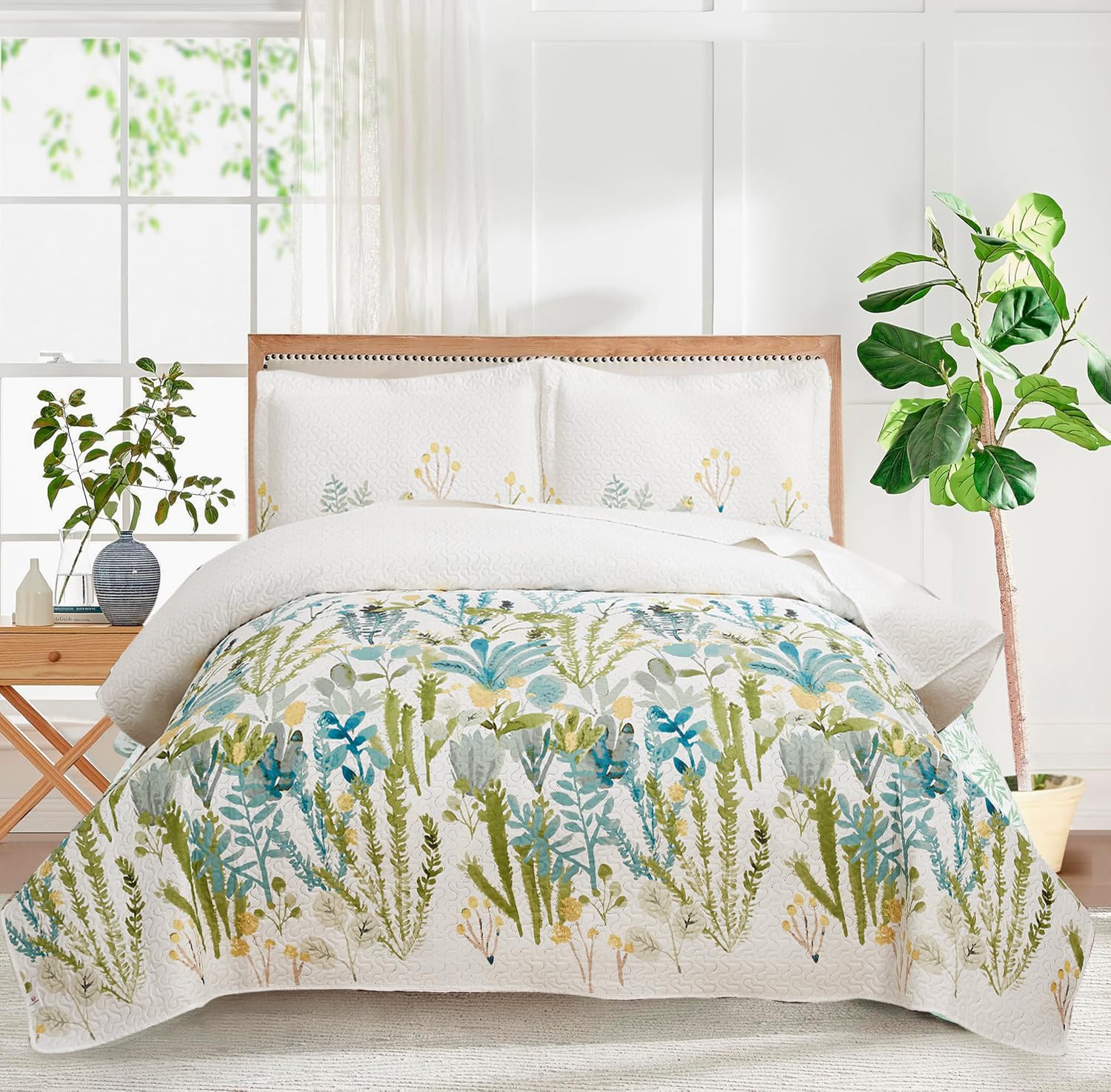 Ycosy Flower Bedspread Set Twin Size Bedding Set Reversible Floral Coverlets Set Country Quilt Lightweight Ridge Green Leaves Bed Decor for All Season