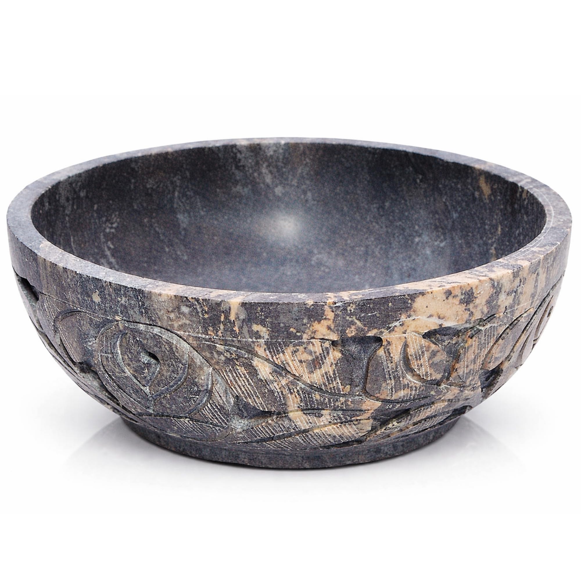 Marble Soapstone Natural Smudge Pot | Stone Bowl | Scrying And Smudge Bowl (Scrying - Bowls & Mirrors) (5 Inch) From India. Handmade Leaf Carved Design.
