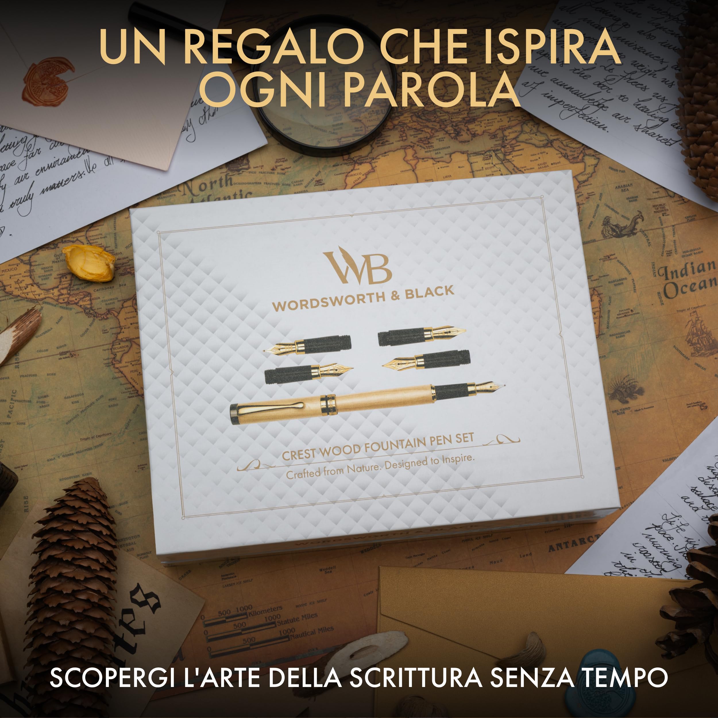 Wordsworth & Black Set Penna Stilografica in Bambù Acero, 4 Pennini | Flacone d'Inchiostro, Cartucce, Convertitore di Ricambio, Regalo Unisex, Scrittura Fluida, Journaling, Lettering