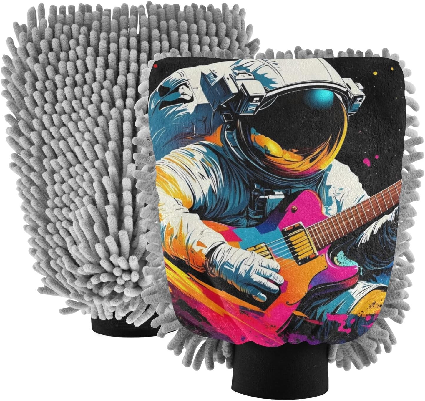 Astronaut Colors Guitar Absorbent Microfiber Car Wash Mitt, Funny Cute Anime Scratch Free for Cars Cleaning, Home Cleaning Mitts, 2 Pack, 10.24” L x 7.09” W
