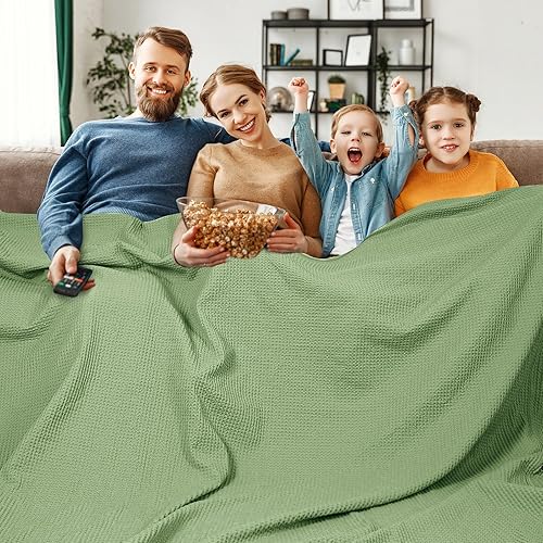 Miniatura 47 de PHF Manta de algodón prelavado con tejido de gofre tamaño throw para sofá cama, a prueba de enganches, para primavera y verano, ligera