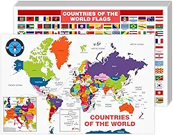 Mapa educacional de todos os países e bandeiras do mundo | Ótima ferramenta de aprendizagem para crianças e adultos | Cartão de 36 kg (216 gsm) | 28 x 43 cm | 10 por pacote