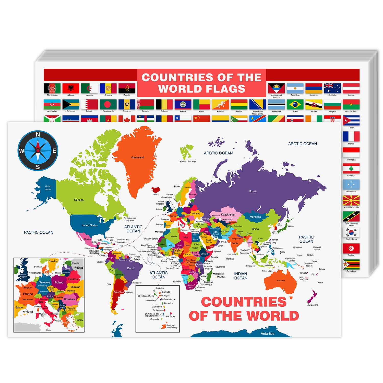 All Countries and Flags of the World Educational Map | Great Learning Tool for Kids and Adults | 80lb Cardstock (216gsm) | 11 x 17” | 10 per Pack