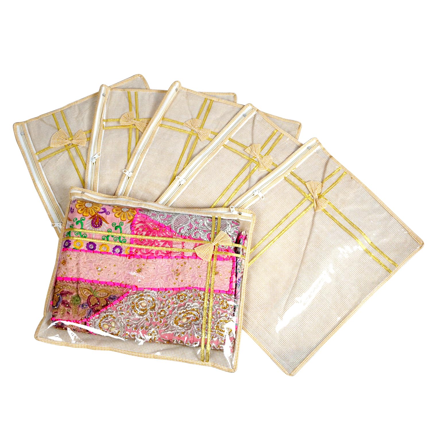 AARON INCAARON INC set of 12 Foldable Single Saree Covers/Clothes Storage Bag/Wardrobe Organizer With Transparent Top And Zip For Lehenga, Suit, Dress, and accessories Saree Packing Covers For Wedding Beige