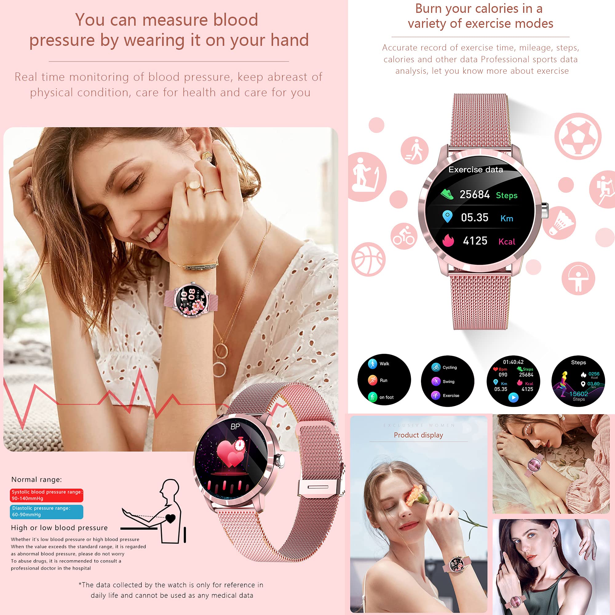 Smartwatch damski, 1,09 cala, dotykowy zegarek fitness, 22 tryby sportowe, tracker fitness z krokomierzem, stoperem, wodoszczelność IP68, inteligentny zegarek z pulsometrem, monitorem snu, zegarek