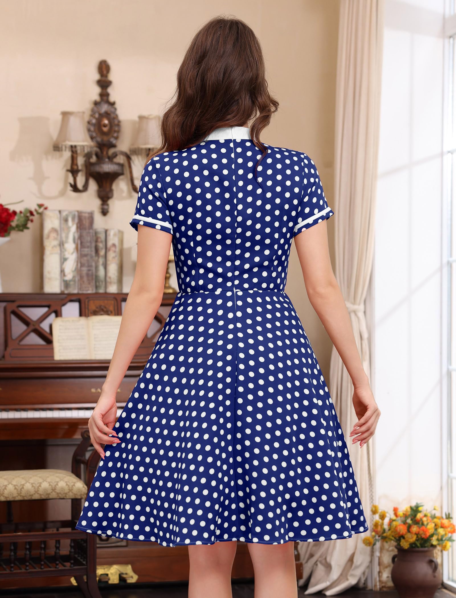 Abito da donna in stile anni '50, vintage, a pois, con fiocco, per lavoro, stile Audrey Hepburn, Rockabilly, cocktail party, Blu reale, S
