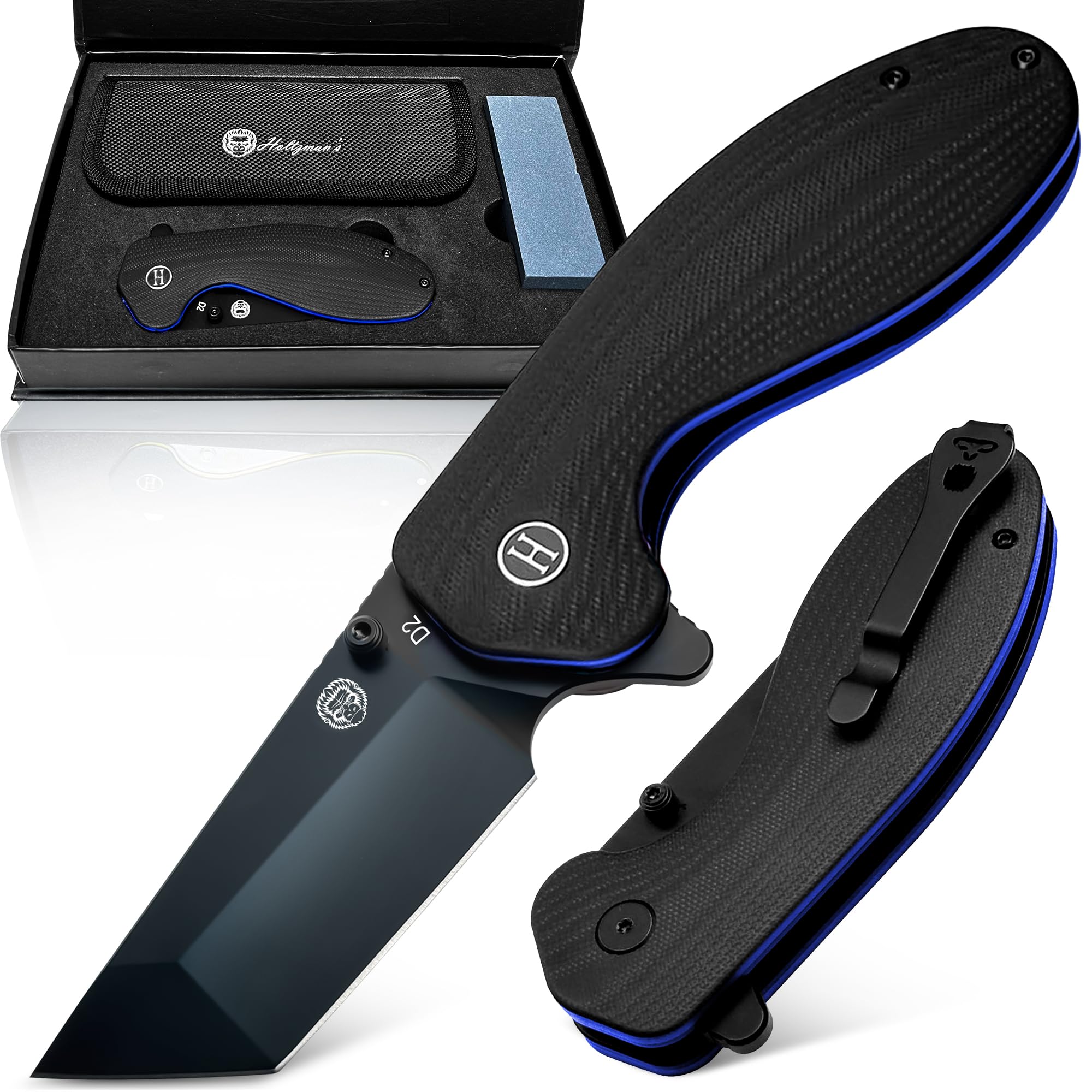Holtzman's Gorilla Survival Patriot Folding Knife with G10 Handle and D2 Steel Blade, Gift Box Set (Black+Blue) - Ideal for Everyday Carry