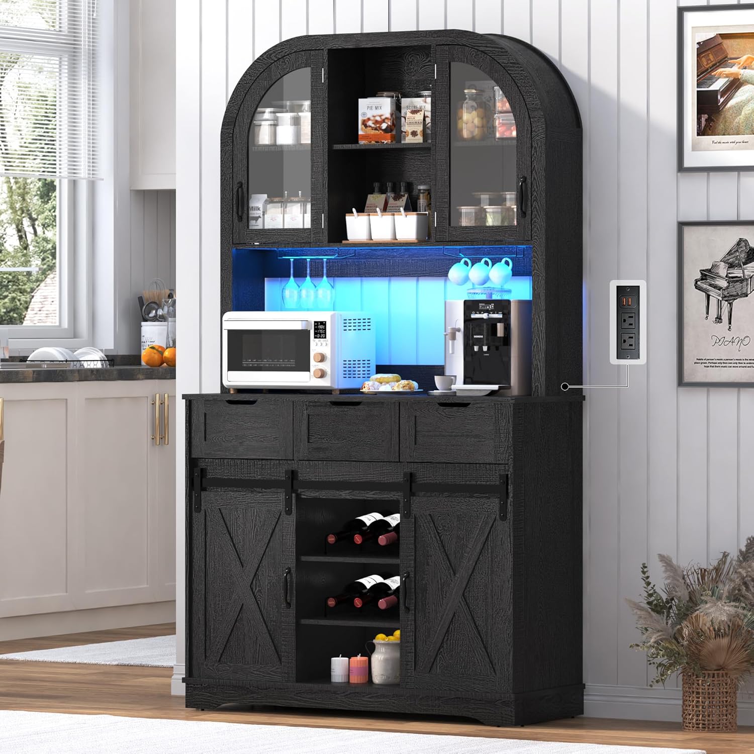 72" Tall Arched Pantry Cabinet w/Power Outlet,LED Lights, 42"W Modern Farmhouse Kitchen Hutch Coffee Bar Storage Cabinet w/Sliding Barn Door,3 Drawers,Glass Door, Versatile Cupboard,for Kitchen