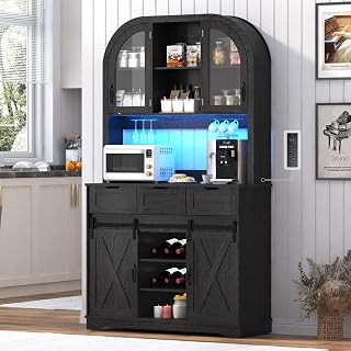 72" Tall Arched Pantry Cabinet w/Power Outlet,LED Lights, 42"W Modern Farmhouse Kitchen Hutch Coffee Bar Storage Cabinet w/Sliding Barn Door,3 Drawers,Glass Door, Versatile Cupboard,for Kitchen