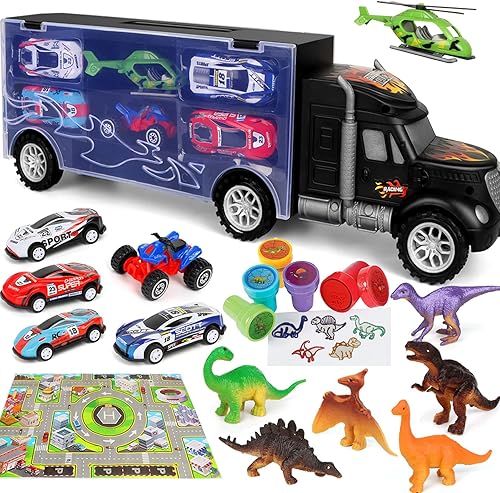 Juguetes de dinosaurio para niños de 3, 4 y 5 años, incluye juguete transportador de camión de dinosaurio con 6 juguetes de dinosaurio y 6 juguetes