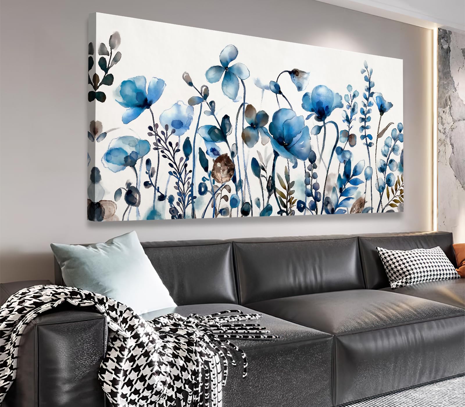 Photo 1 of VEAEE Floral Wall Art, Abstract Indigo Flowers Canvas Pictures, Living Room Wall Decor, Modern Landscape Painting, Botanical Grass Artwork for Bedroom Bathroom Kitchen Office Wall Decor 20"x 40"