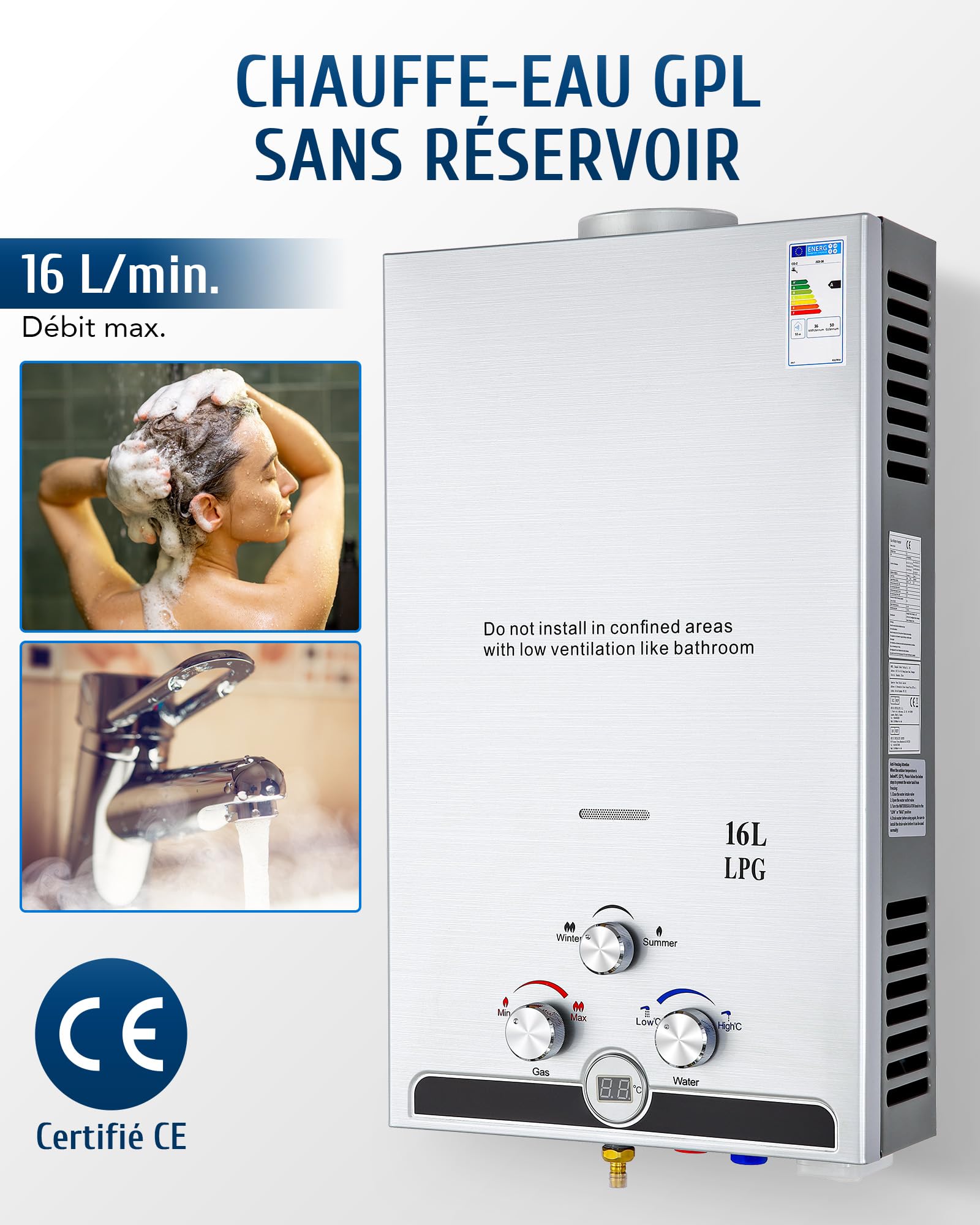 CO-Z Chauffe-Eau à Gaz Instantané 16LPM 27,2kW LPG GPL au Butane Propane avec Modes Hiver et Eté Sans Réservoir en Acier Inoxydable CE Certifié Portable pour Maison Camping Caravane