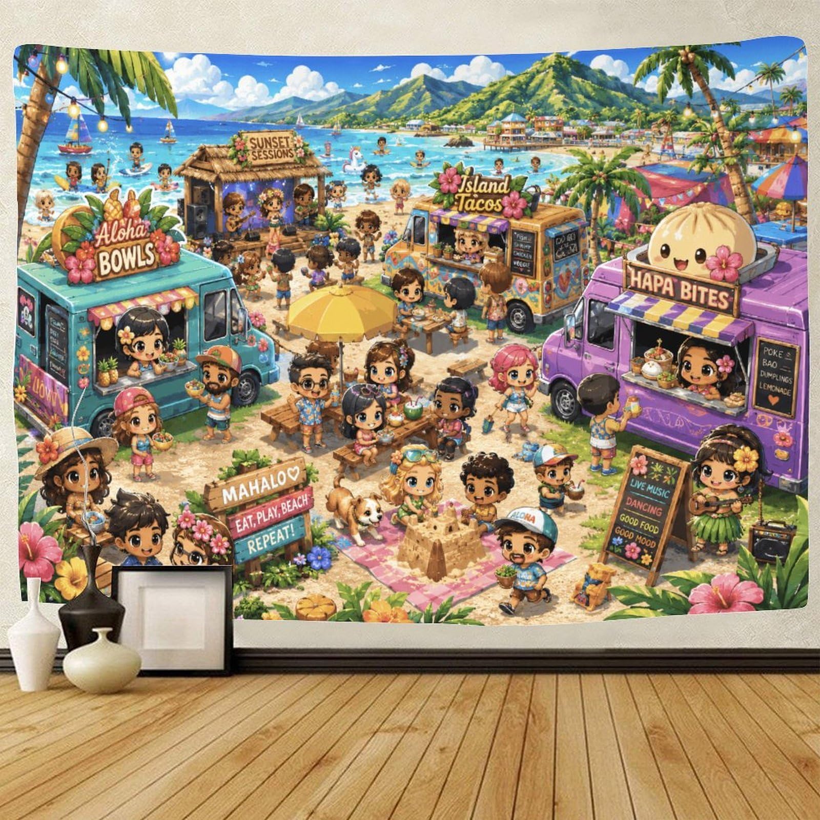 GPMNBCXZK Hawaii Chibi Beach Food Truck Tapestry for Bedroom 3D Print Wall Hanging Decor Tapestries Poster Home Decoration Bedroom Living Room 150cmx200cm