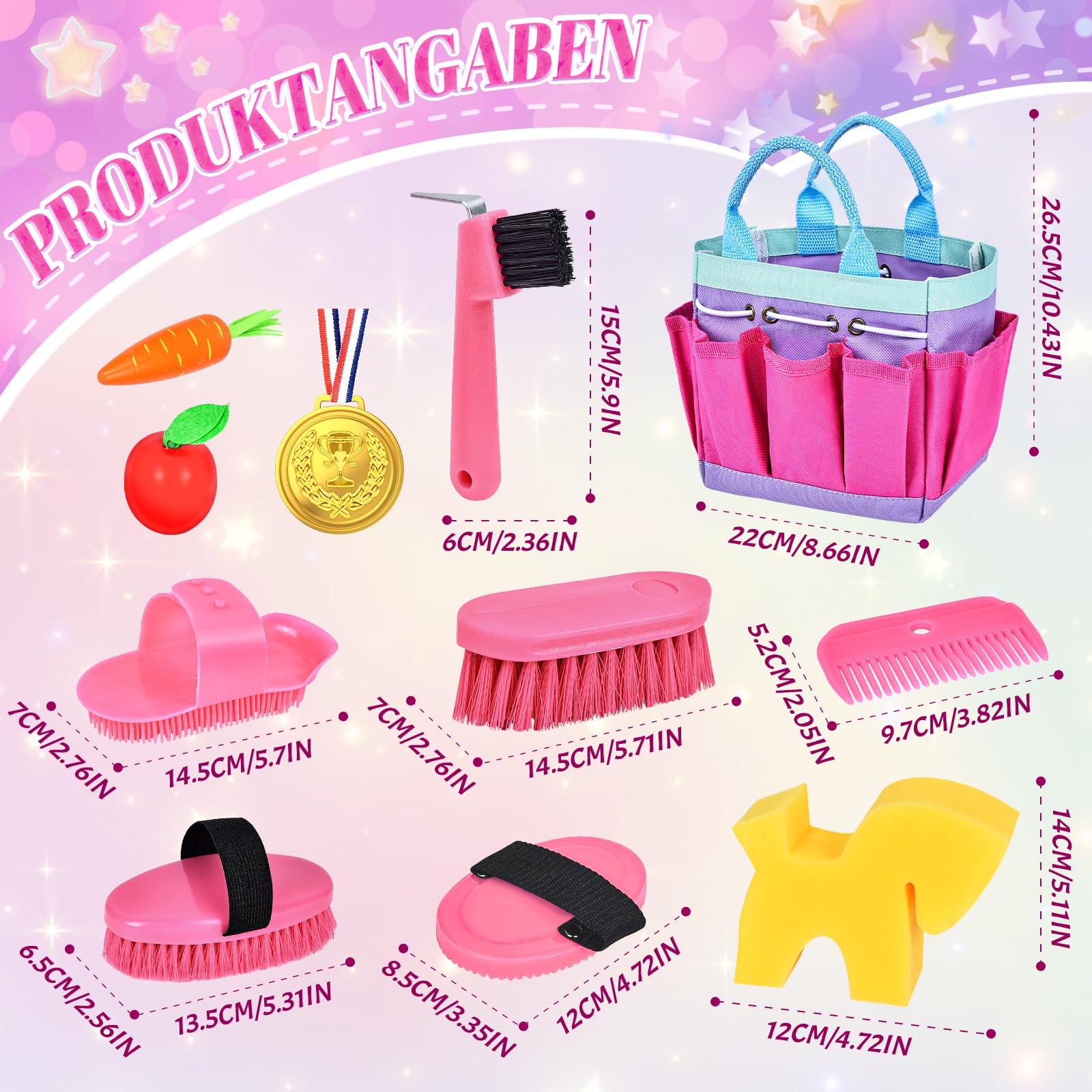 Joellfuner Pflegeset für Pferde mit Tasche, Spielzeug Putzzeug Pferde für Kinder, Zubehör für Pferde Spielzeug Rosa mit Kardätsche, Massagebürste, Mähnenkamm, Hufkratzer, Pferdchenschwamm