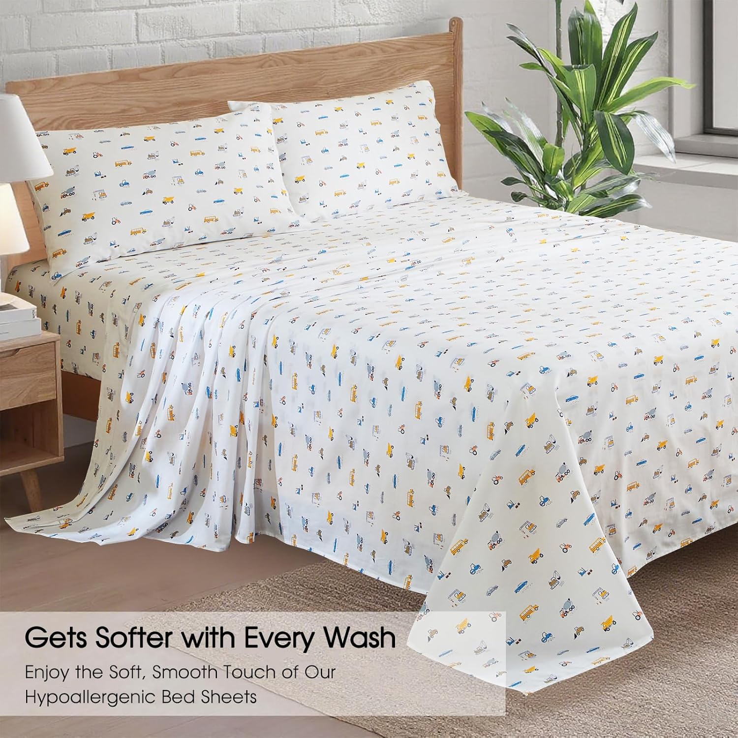 Ivellow Twin Sheets Set Kids 100% Natural Cotton Sheets Soft Breathable Durable Lightweight Crispy Percale Bed Sheets 16" Deep Pocket Excavator Car Patterned Kids Twin Bedding Dorm Essentials