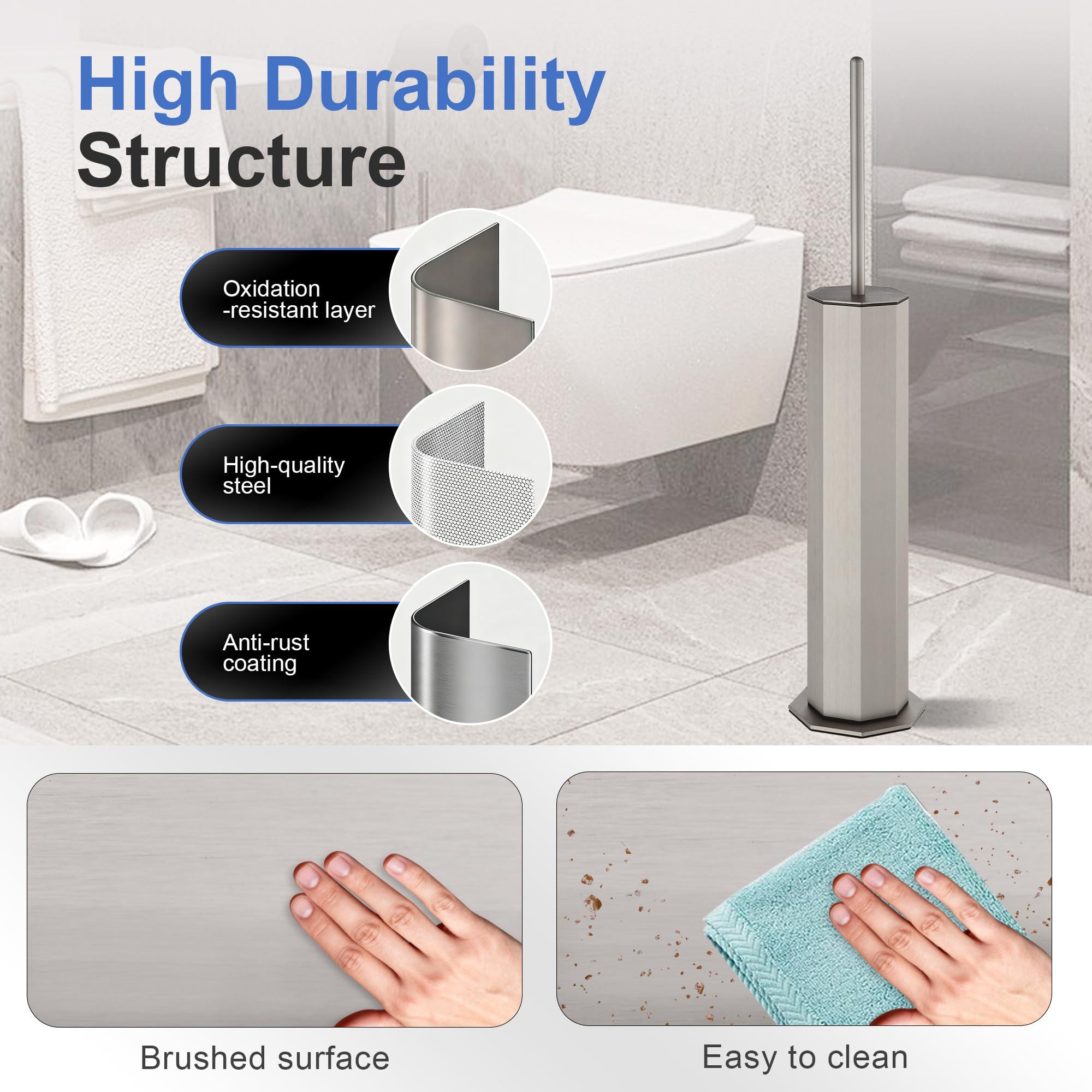 DAZI Scopino WC, Scopino Bagno Inox con Contenitore Interno Rimovibile per una facile pulizia, portascopino wc per Gabinetto Ottagonale (Nichel Spazzolato)