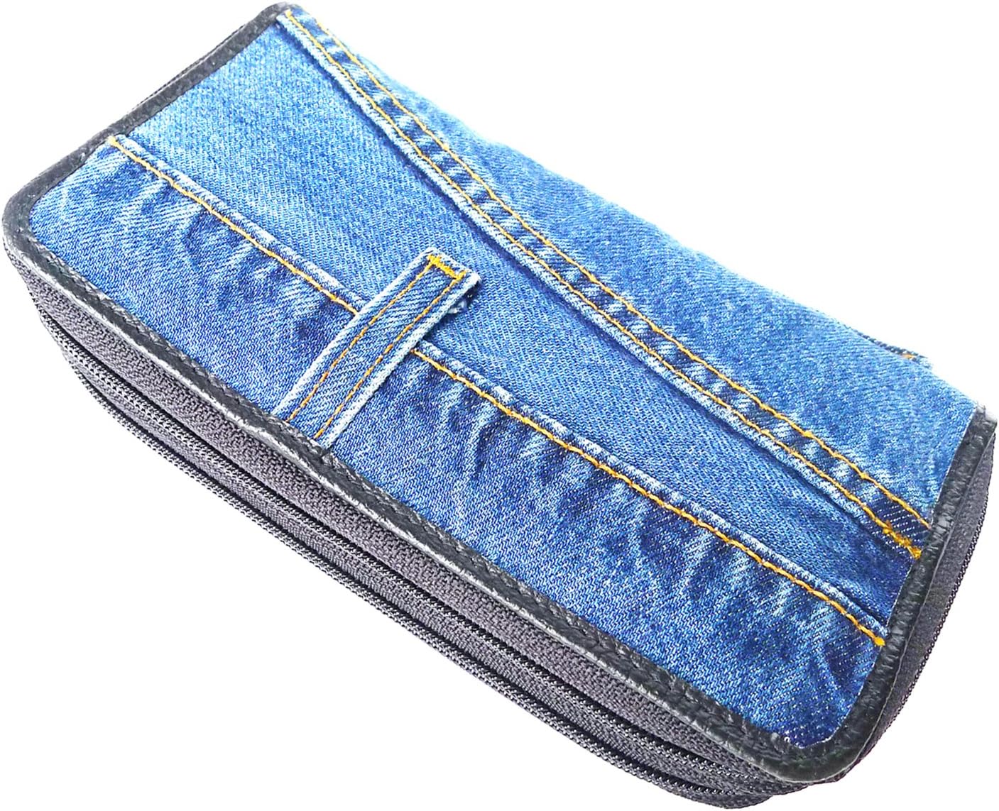 Upcycled Blue Denim Double Zipper Accordion Long Wallet Clutch Wristlet for Women DMW015