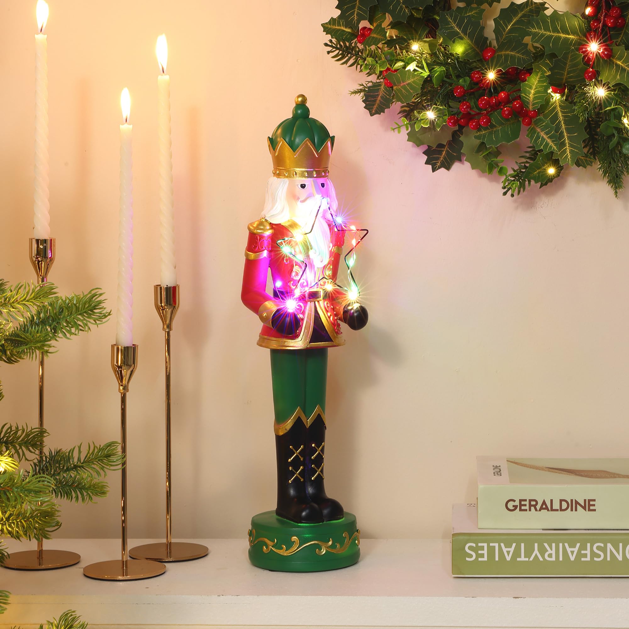 Hometopia Nussknacker Figur mit LED-Stern, 46 cm, Weihnachten Deko Rot-Grün