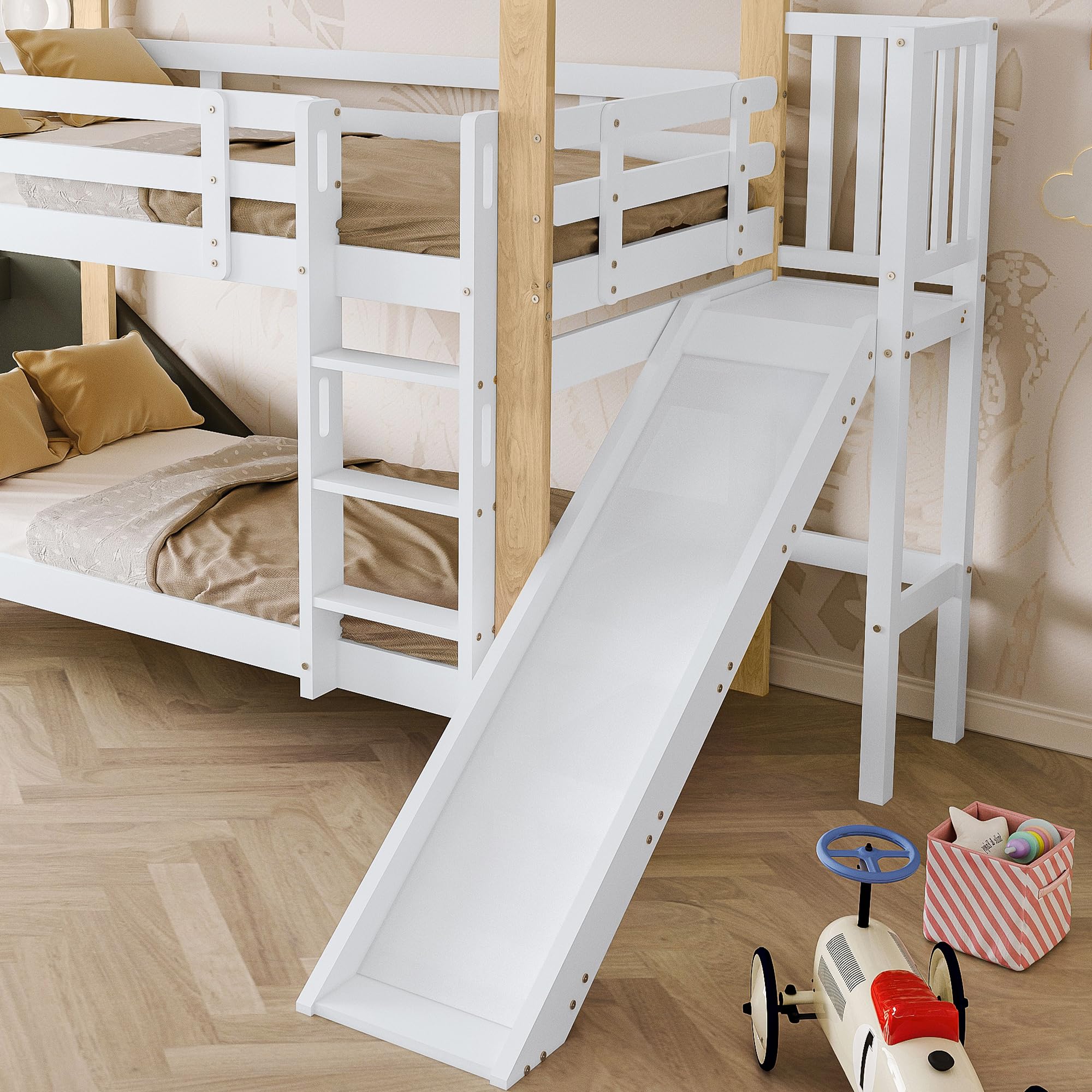 Letto a castello con scivolo e scala angolare a tre pioli, letto con protezione anticaduta, letto per bambini, telaio in legno massello, bianco+colore naturale, 90 x 200cm (Senza cassetto)