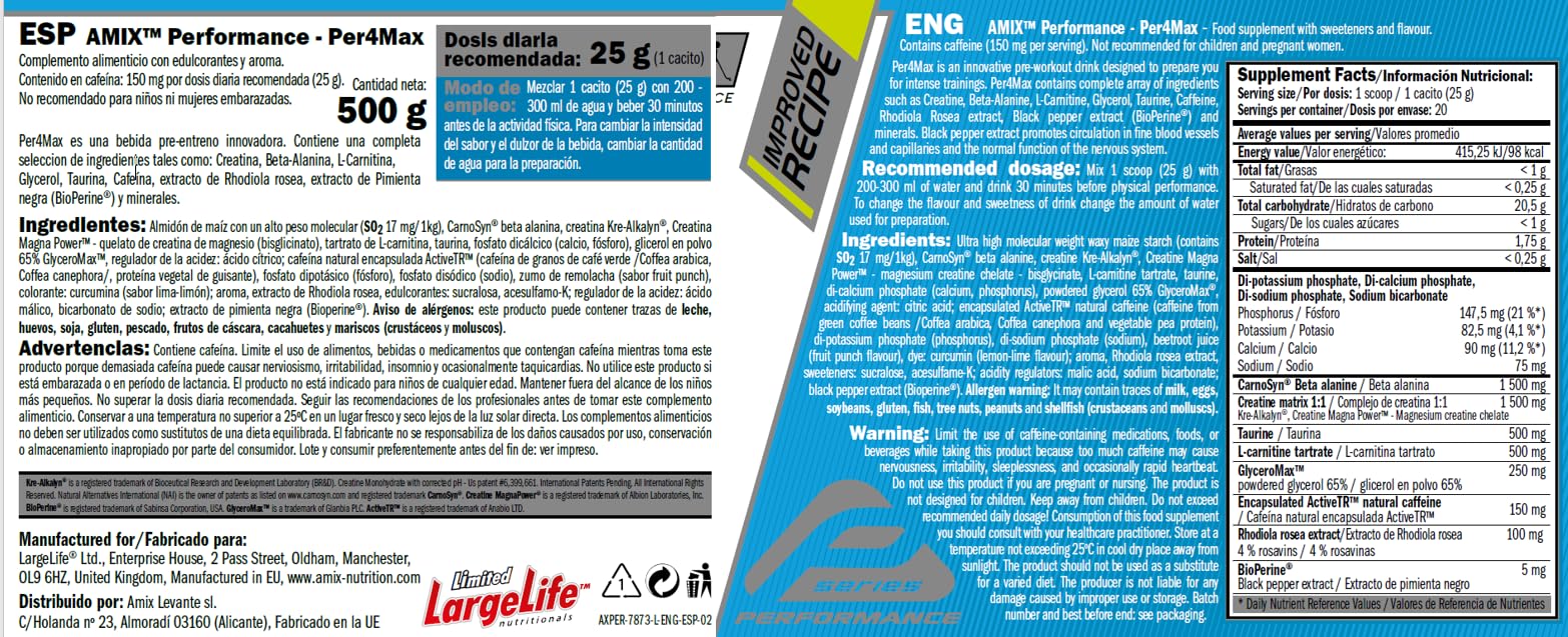 Amix Performance, Per4MAX, Bebida Preentreno, Suplemento de Carbohidratos, Acción Rápida, Bajo contenido en grasas saturadas, Sabor Fruit Punch, 500 gr