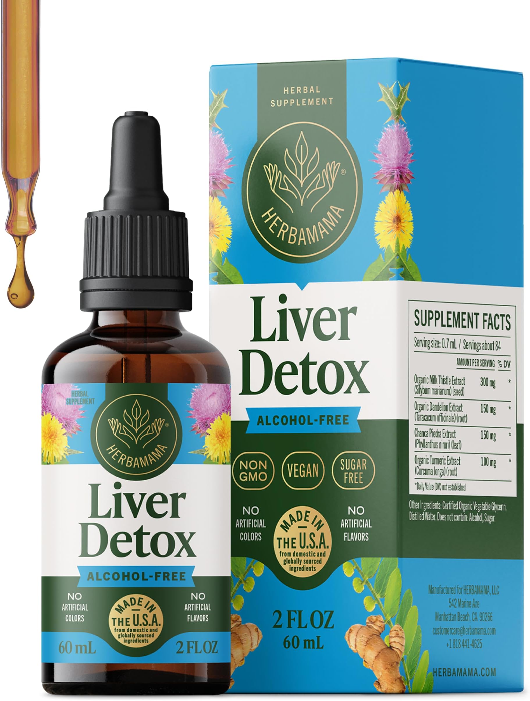 HERBAMAMA Liver Cleanse Detox & Repair - Liver Support Supplement - Liquid Drops with Milk Thistle, Dandelion Root & Chanca Piedra - Alcohol & Sugar-Free Liquid Cleanse Supplement, 42-Day Supply