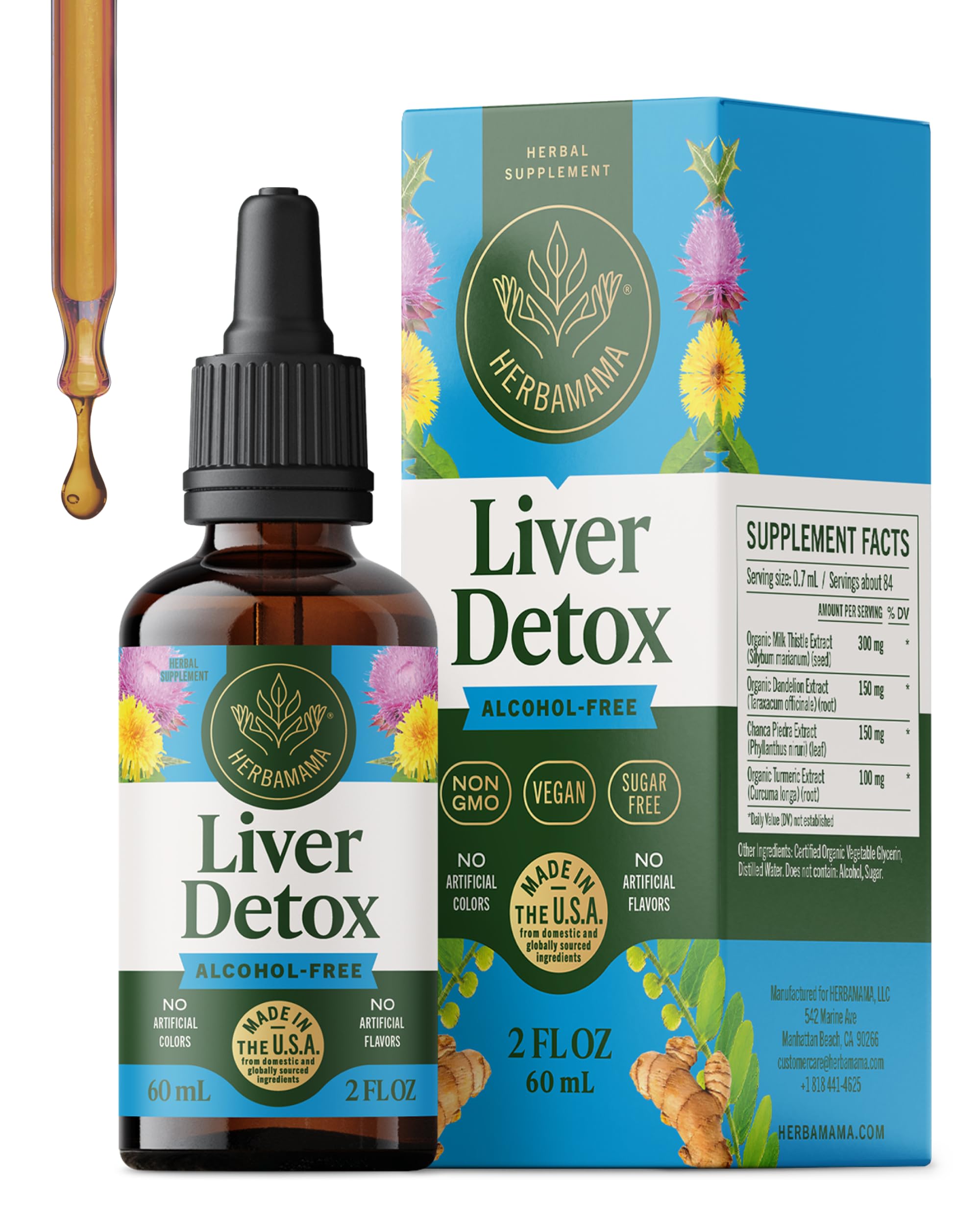 HERBAMAMA Liver Support Tincture - Vegan Liver Detox Liquid Drops with Milk Thistle, Dandelion Root & Chanca Piedra - Non-GMO, Alcohol & Sugar-Free Liquid Cleanse Supplement, 42-Day Supply