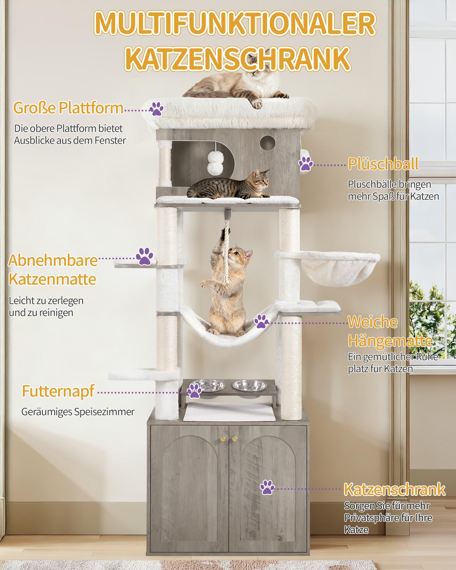Hzuaneri Kratzbaum, Katzenbaum mit Katzenklo Schrank, 176 cm Hoch, Greige | Futterstation, 176 cm Hoch, mit großer Plattform, Sisalseil, Hängematte, Waschbares Kissen, Plüschbälle, Greige CB89105WT