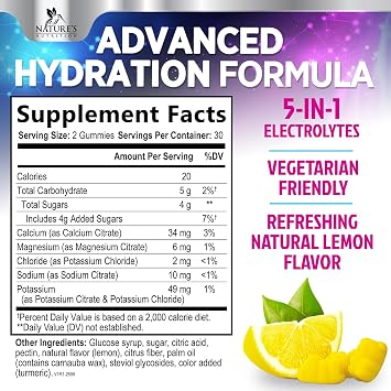 Hydration Electrolyte Gummies - Daily Liquid Replenisher Gummy - Electrolyte Multiplier with Minerals, Potassium & Real Salt - Vegan, Non-GMO - Tasty Lemon Flavor Hydration Electrolytes - 60 Gummies