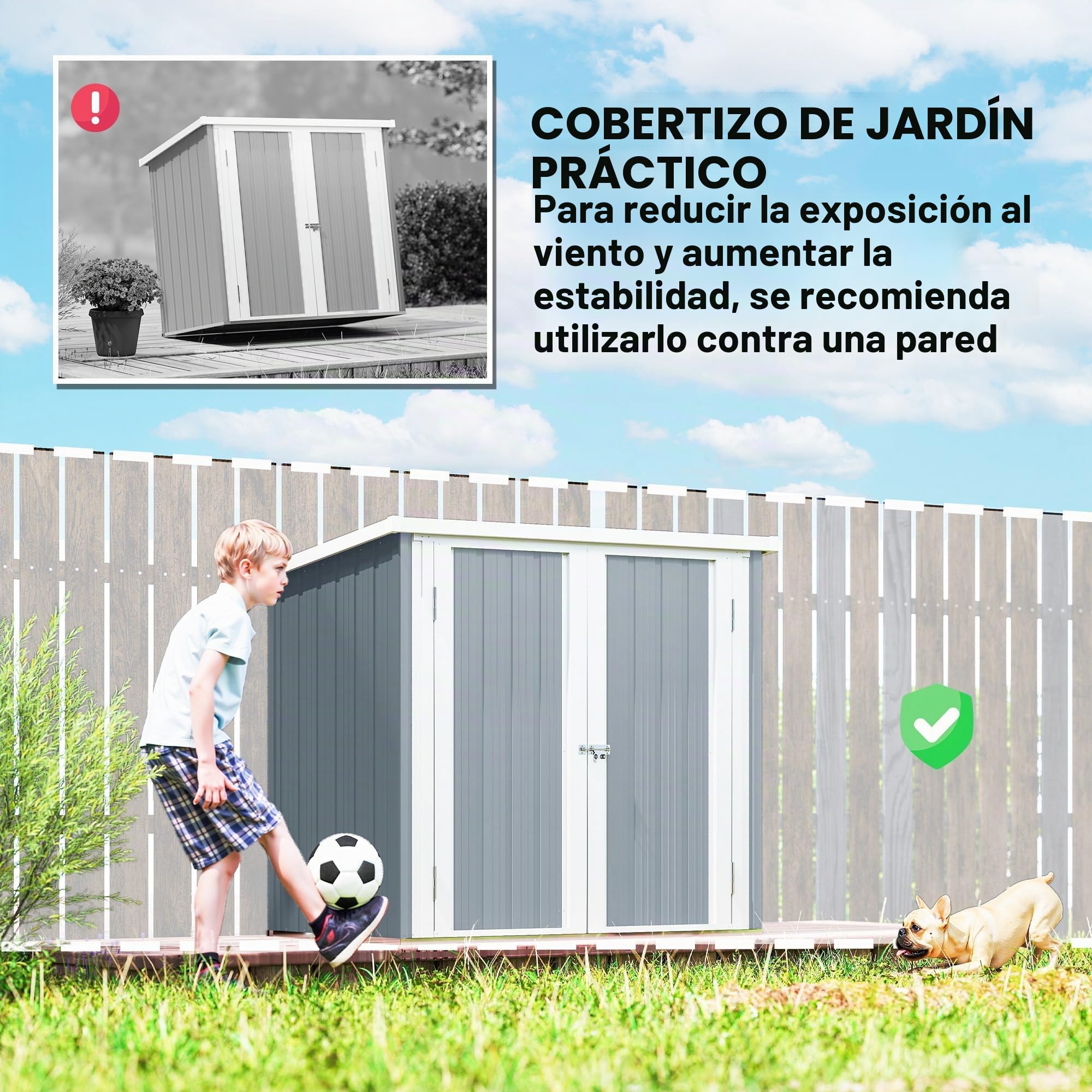 Outsunny Garden Shed - caseta de jardín 1,09 m² - caseta de Herramientas con 2 Puertas con Cerradura - Dim. 147L x 86W x 134H cm - Chapa de Acero Gris Claro Blanco