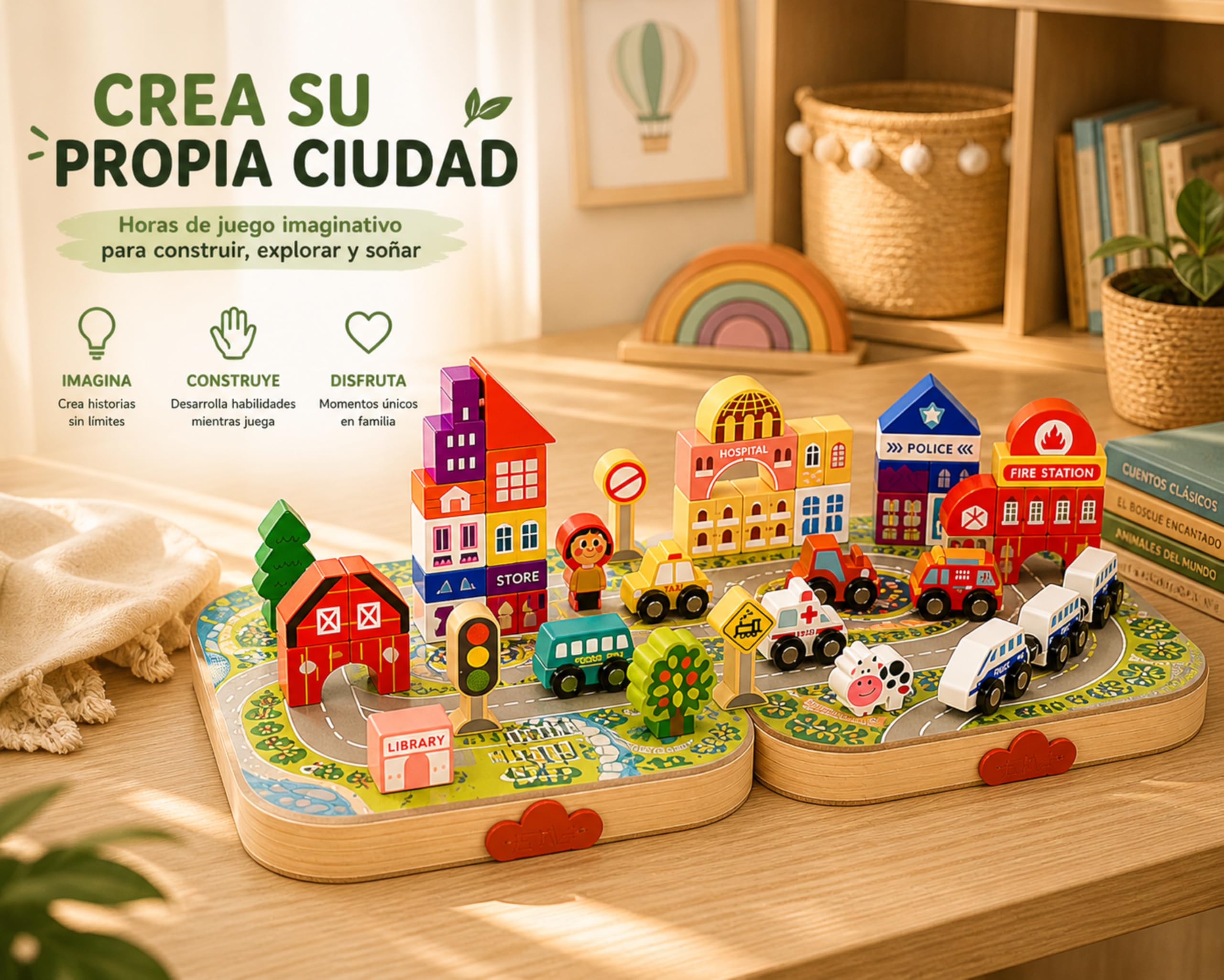 Juguete Montessori de Madera 57 Piezas para Niños 3 4 5 6 Años – Bloques de Construcción Ciudad con Tren, Coches, Edificios y Señales de Tráfico – Juego Educativo con Maletín
