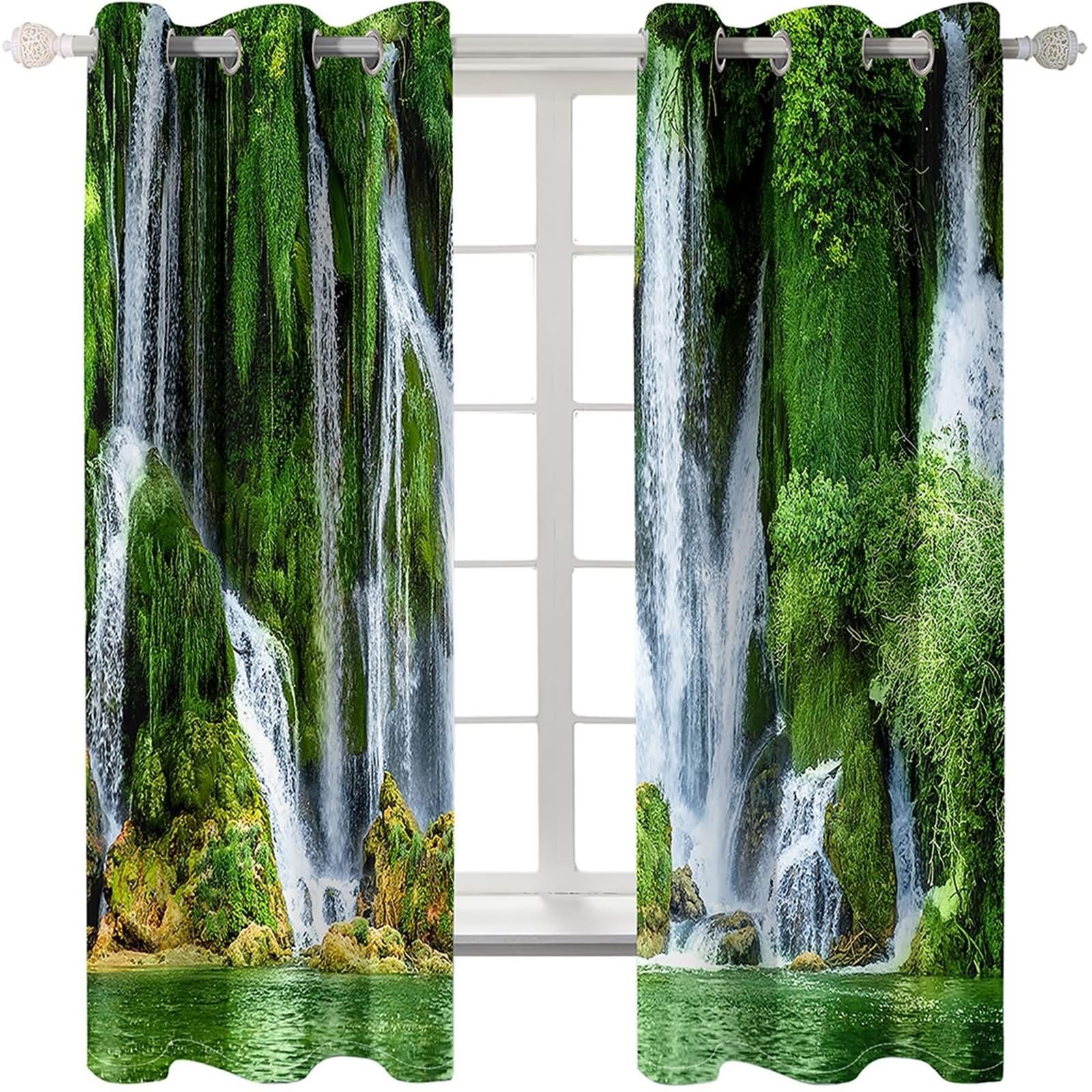 Vorhang Verdunkelung Reise, Küchengardinen Winter Grün Weiß Wasserfall Naturlandschaft Polyester 2er Set 488x274cm
