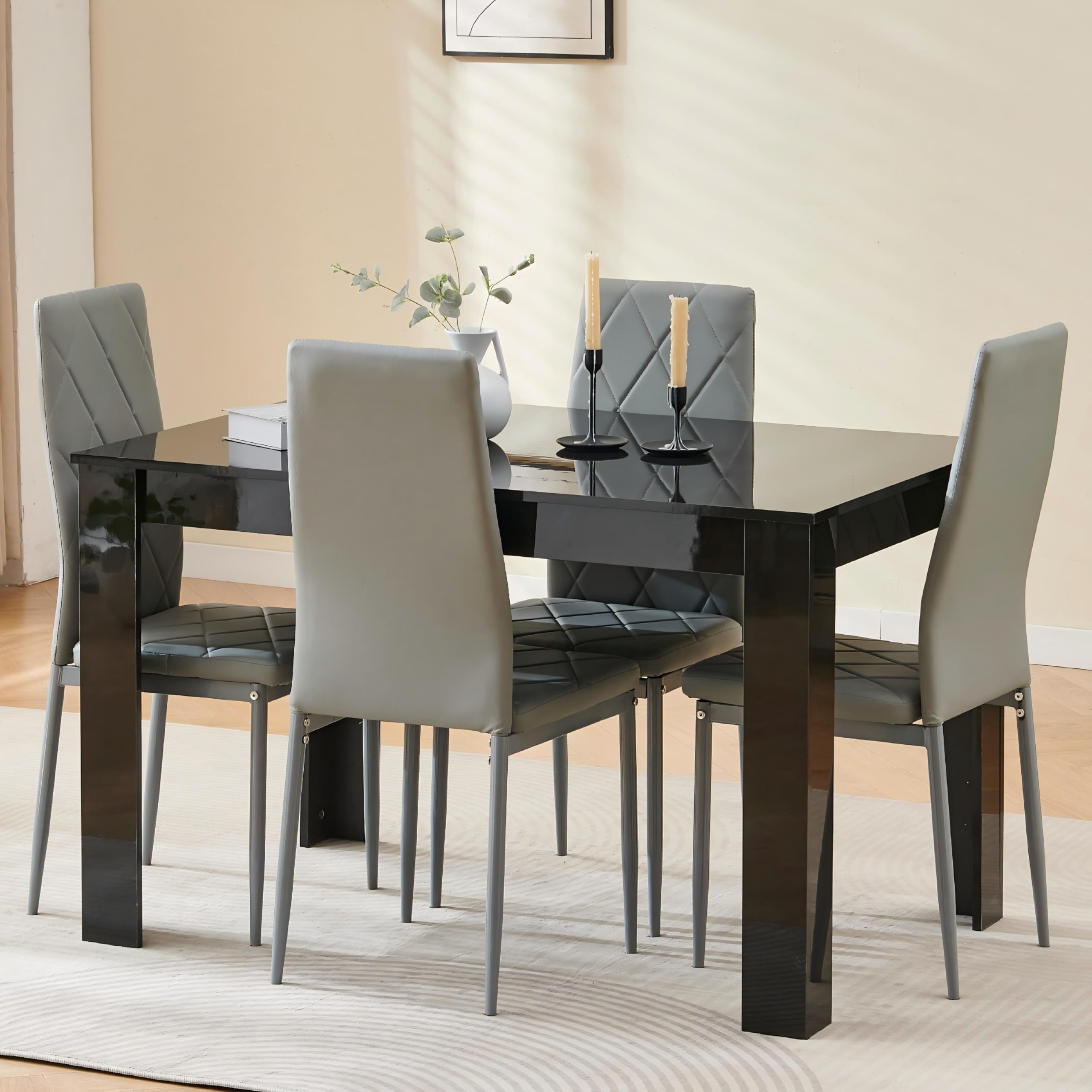 Homullel 120cm Glossing Dining Table and 4 Chairs, 4 Seater Kitchen Table and Chairs Set for Space Saving, Compact Dining Room Set for 4, 120x80 cm, Wooden, Walnut Black (4 Seaters, PU Gray #2) — image 1