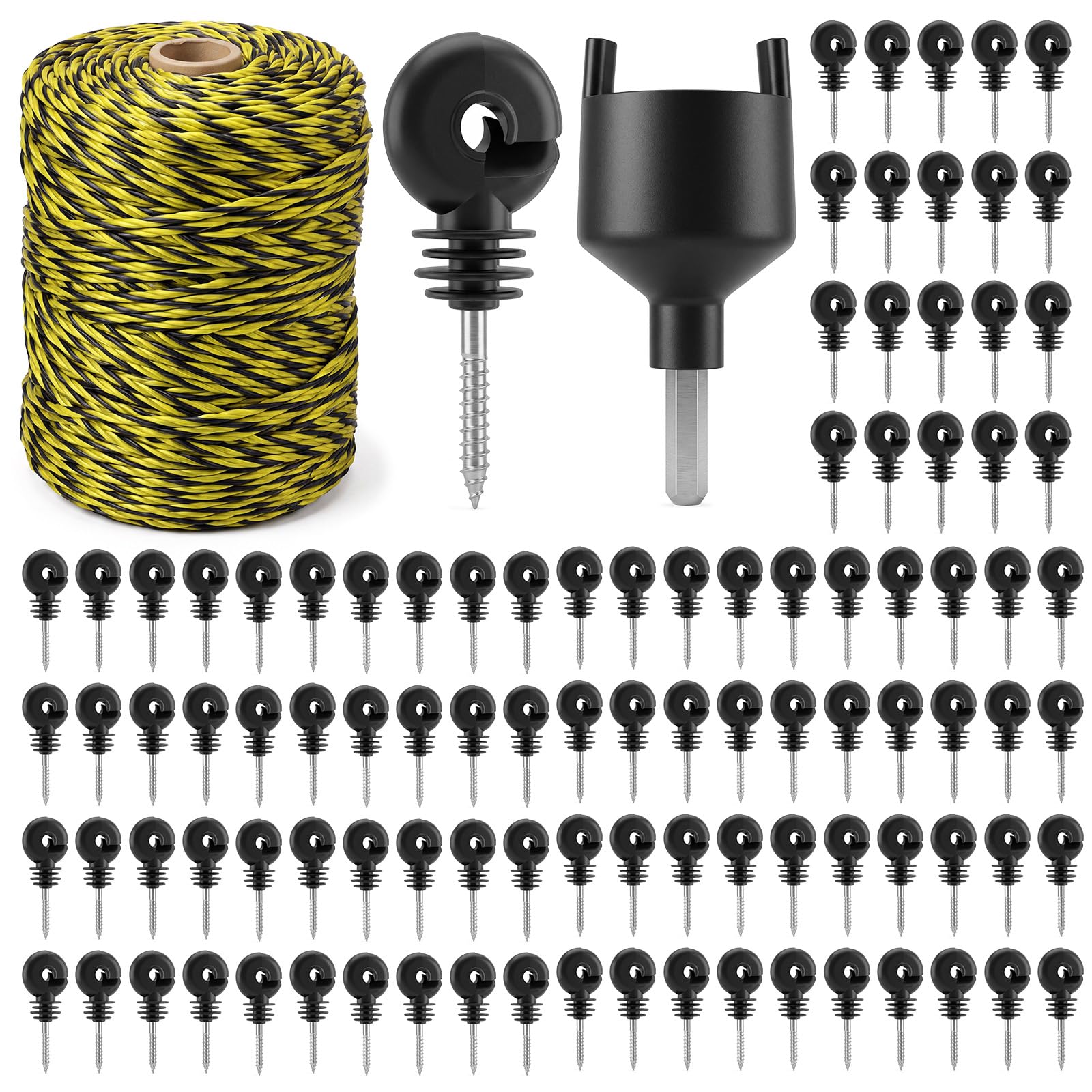 Tudomro Kit de 102 cables de valla eléctrica, 100 aisladores de valla eléctrica, 1 rollo de alambre de poliéster de acero inoxidable de 3 mm, 1 herramienta de enchufe aislante para una conductividad