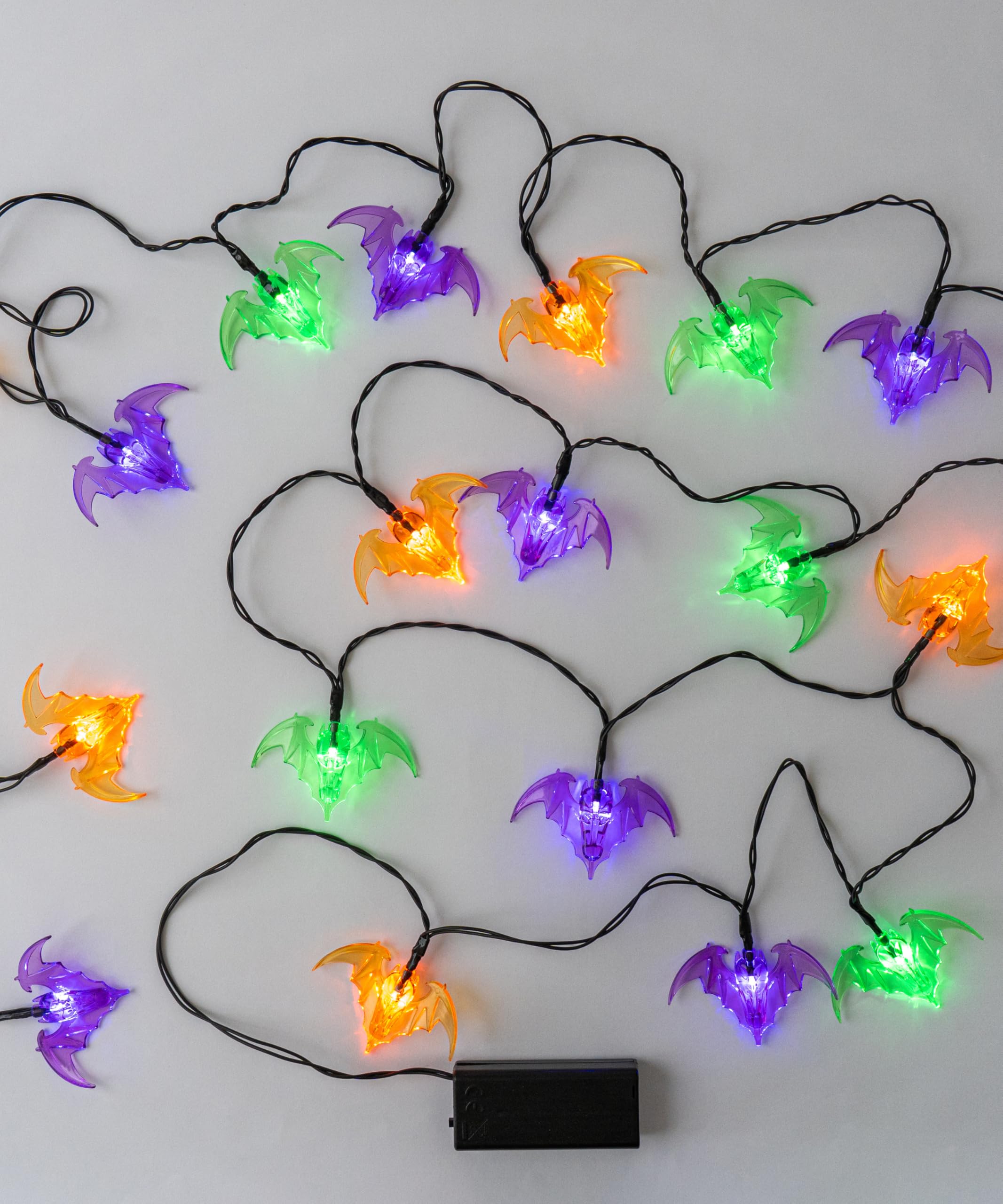 MELETĒ LED Bat String Lights - 3.15M (10.3ft), 20 LEDs, Battery Powered, Multicolour (Orange, Purple, Green) - Fun Halloween Decorations for Indoor Parties and Window Décor