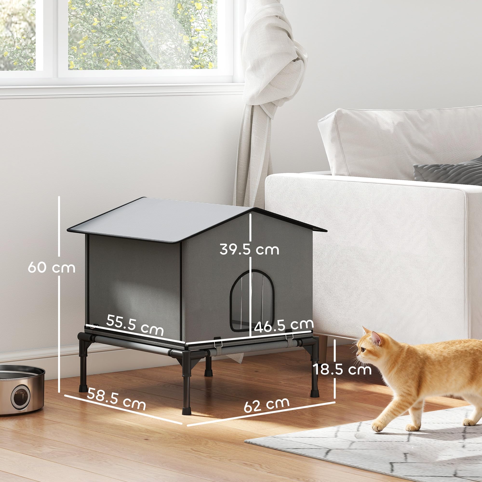 PawHut Casa Gato Exterior Impermeable aislada cojín para Gatitos Gris | Perrera gato, base elevada, refugio plegable para gato callejero, interior exterior