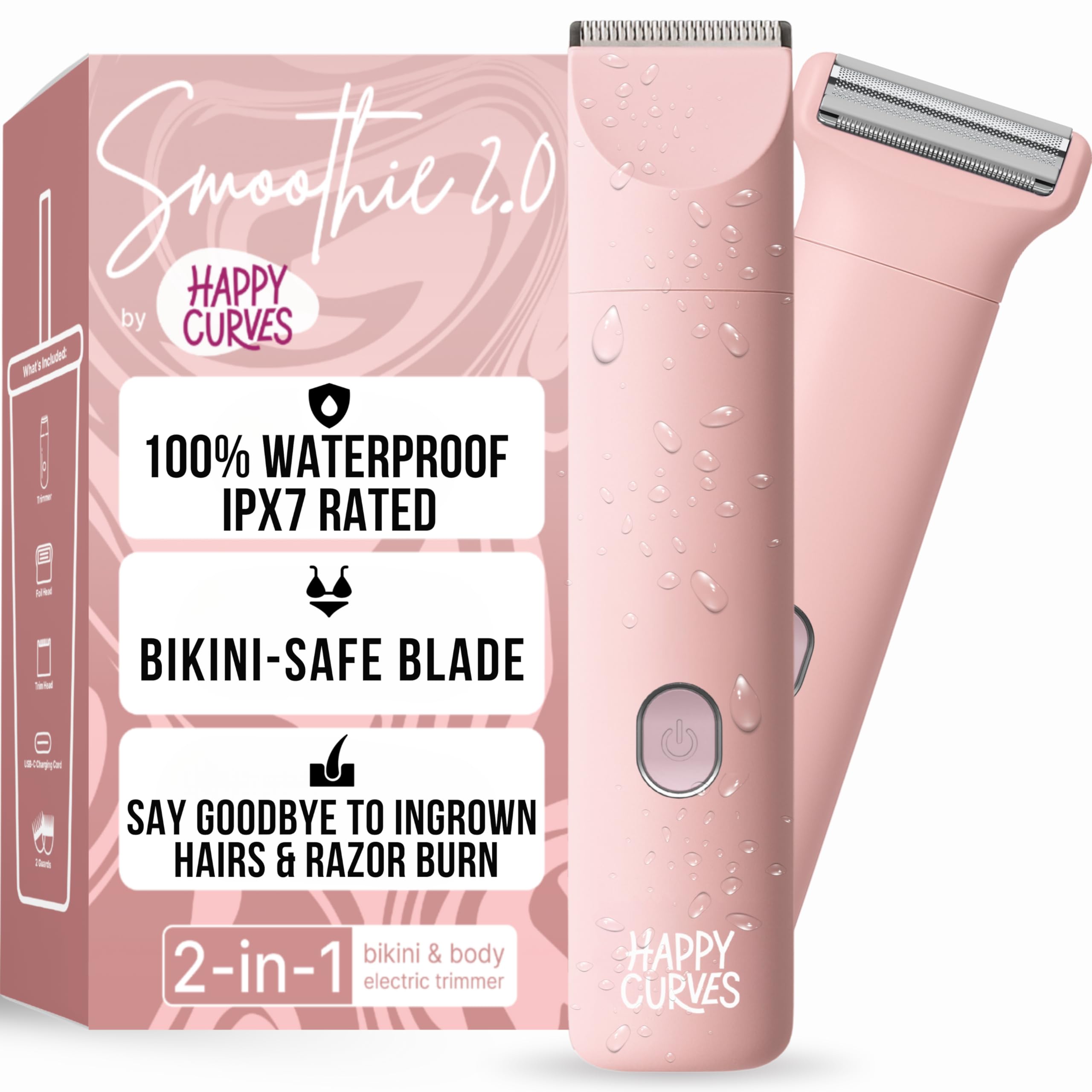HAPPY CURVES Smoothie 2.0 Bikini Trimmer - Electric Razor for Women, Waterproof Hair Groomer with Adjustable Guards, Personal Shaver for Pubic Hair, Ladies Intimate Shaver and Body Trimmer (Guava)