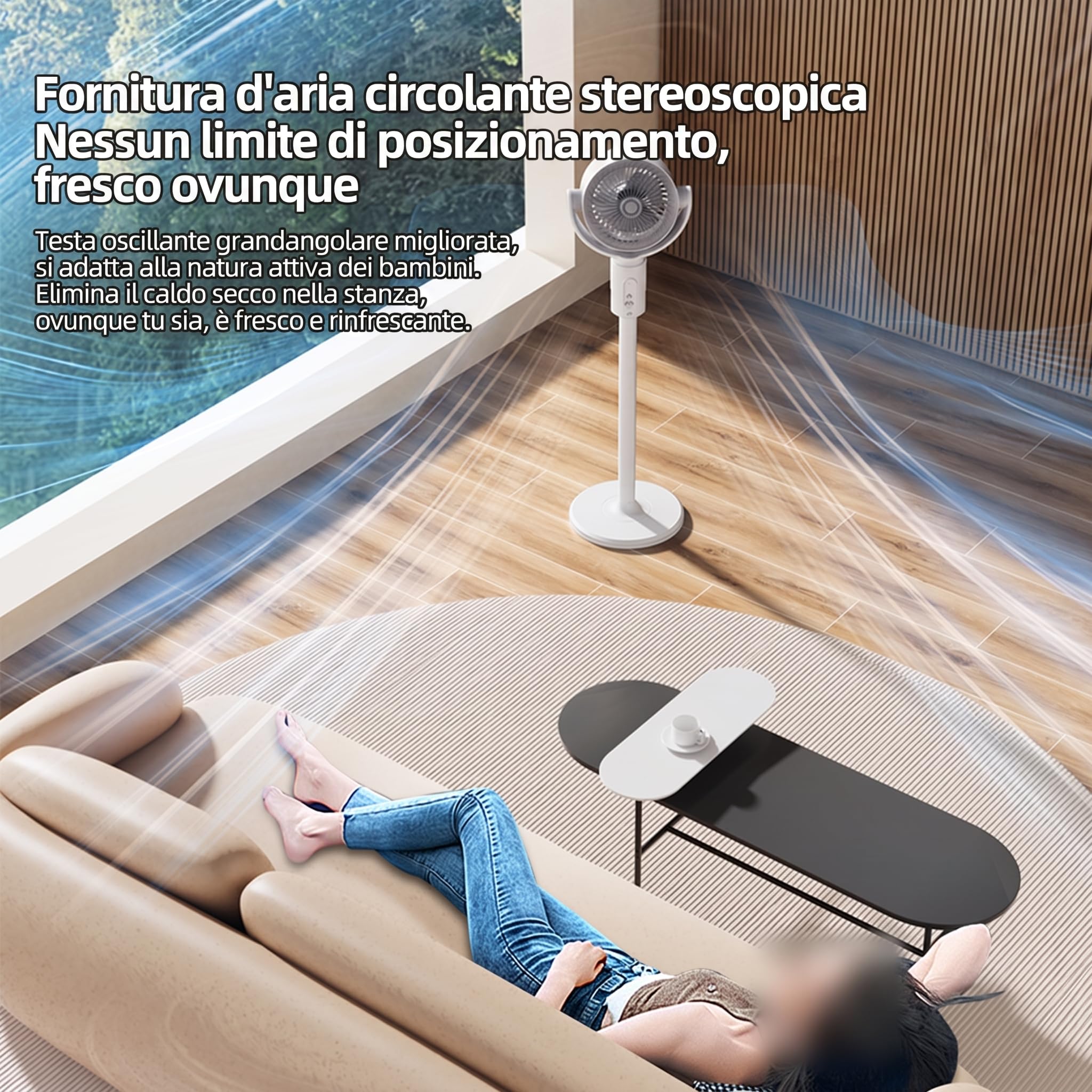 Ventilatore a piedistallo regolabile, circolatore d'aria domestico con telecomando, 430 CFM 5 velocità, oscillazione verticale 180° e orizzontale 90°, 3 altezze regolabili, timer 12H