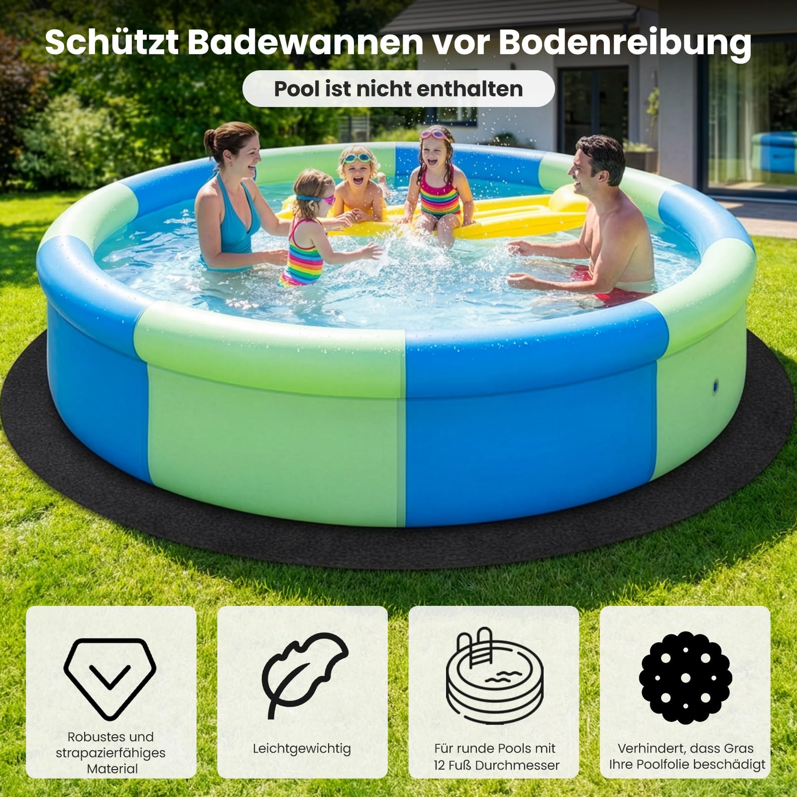 Runde Pool-Bodenmatte, Durchmesser 4m – strapazierfähige Schutzunterlage für Außenpools – industrielle Kunstfaser – rutschfest, durchstoß- und reißfest – verlängert die Lebensdauer des Pools – einfach