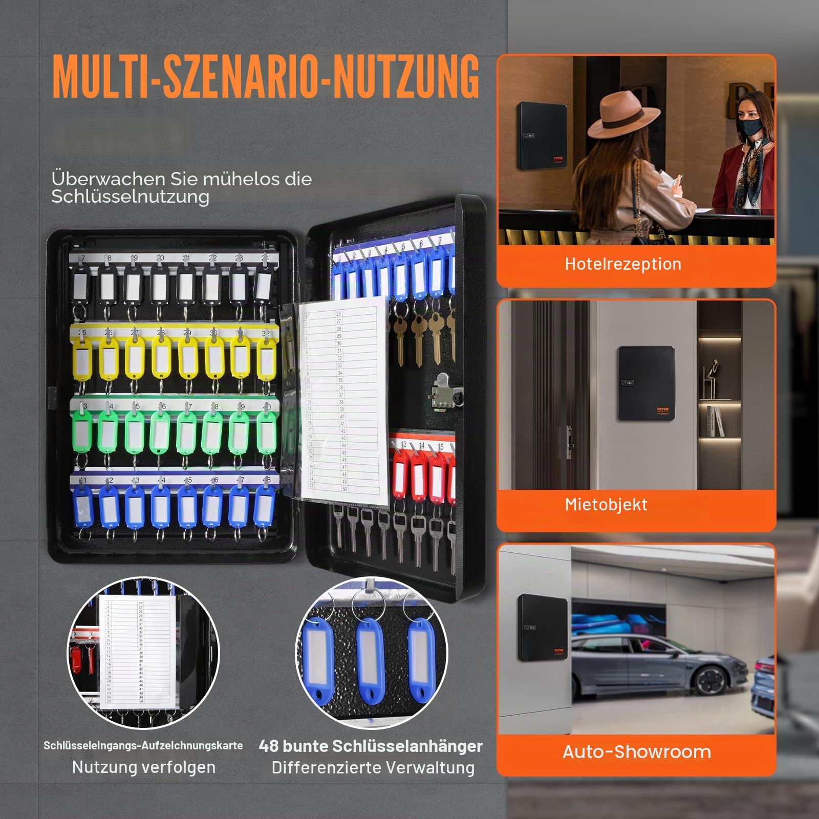 VEVOR Schlüsselschrank Schlüsselkasten 48 Schlüssel, Schwarz Schlüsselbox Schlüsseltresor Einstellbar, Abschließbarer Schlüsselschrank mit 6 x Schlüsselhaltern, 2 x Schlüsseln & 1 x Karteikarte