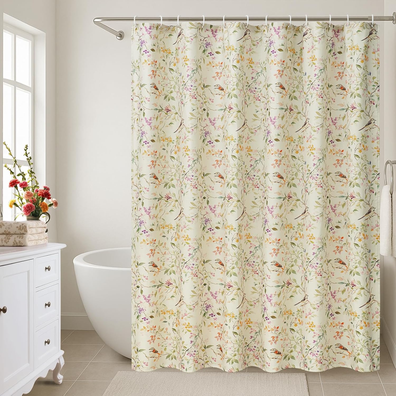 Floral Bird Shower Curtain Linen, Colorful Botanical Flower Shower Curtain for Bathroom 72x72, Luxury Farmhouse Chic Bathroom Décor