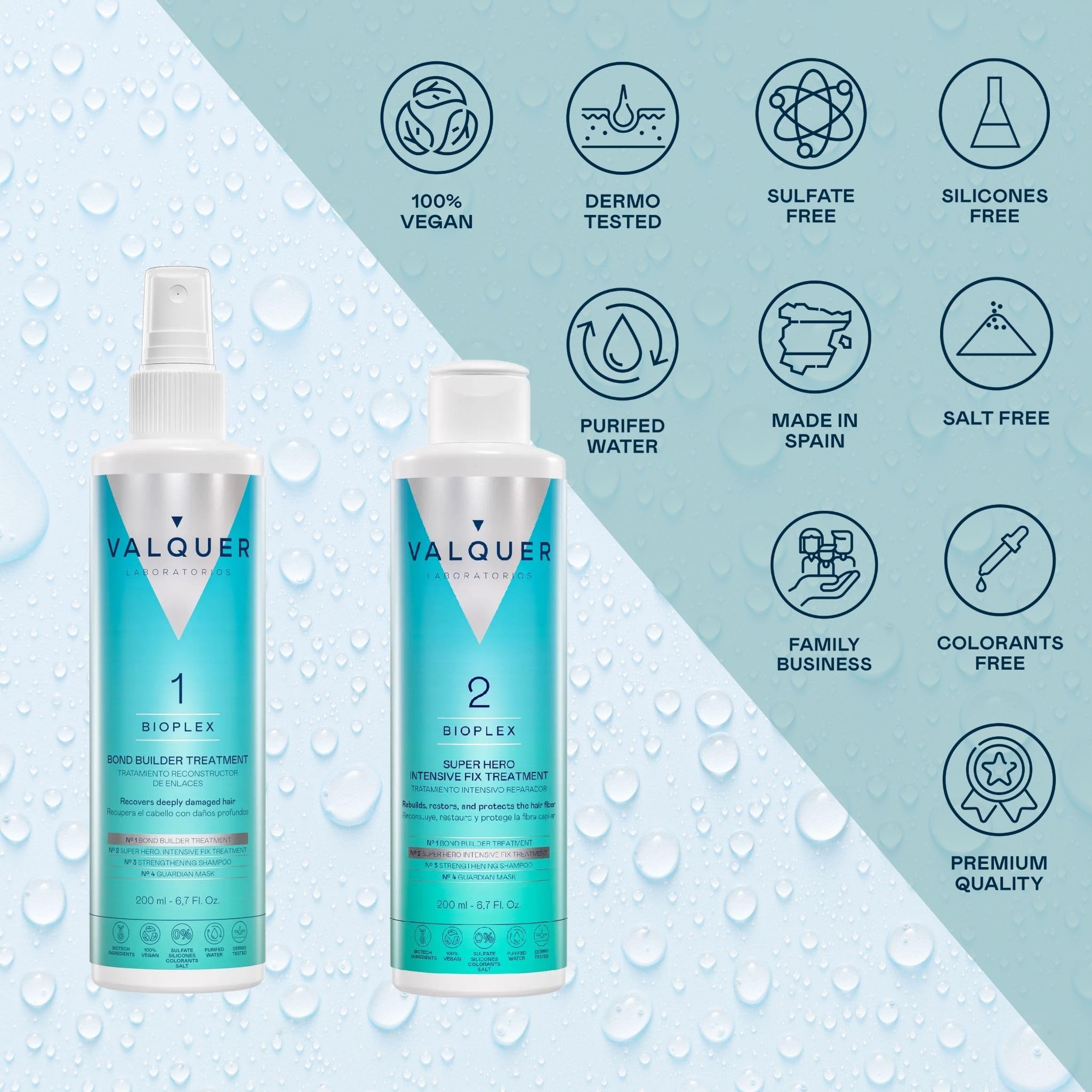 Valquer Bioplex Pack No1 Reconstructor de Enlaces + No2 Tratamiento Intensivo. Reparador Capilar y Protector. Reparación Intensiva y Profunda del Cabello Dañado, Seco y Teñido. Vegano. 200 + 200 ml